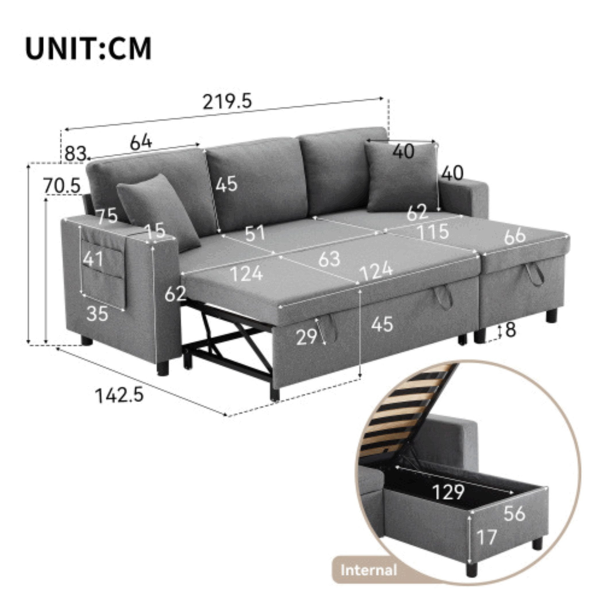 SeedWave Schlafsofa Leinenstoffen Schlafsofa für 3-4 Personen, Ecksofa und Bett in Einem, Polstersofa mit Chaiselongue, Seitenfach und Stauraum