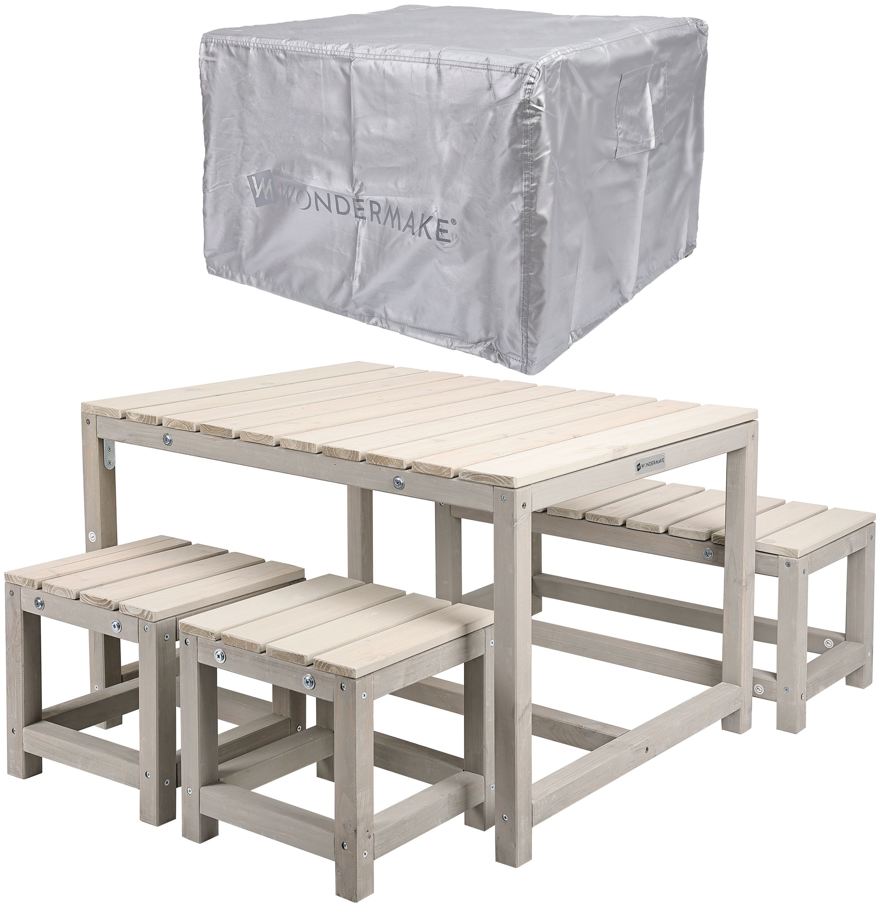 WONDERMAKE Garten-Kindersitzgruppe aus Holz ab 3 Jahre, Outdoor Indoor Kinder-Sitzgarnitur draußen grau, (2x Hocker, 1x Bank, 1x Tisch, 4-tlg), Gartenmöbel-Set Sitzgruppe Garnitur drinnen, 4 Plätze, Picknick-Gruppe