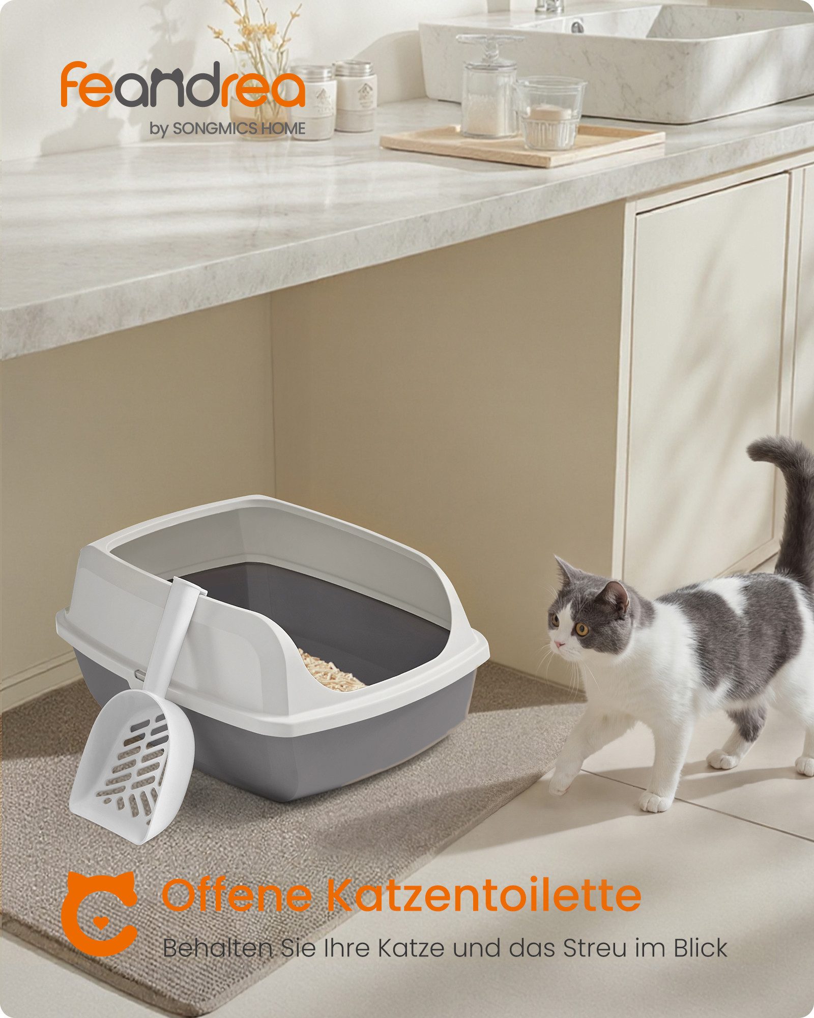 FEANDREA Katzentoilette, Katzenklo mit hohen Seitenwänden, offene Katzentoilette, mit Schaufel
