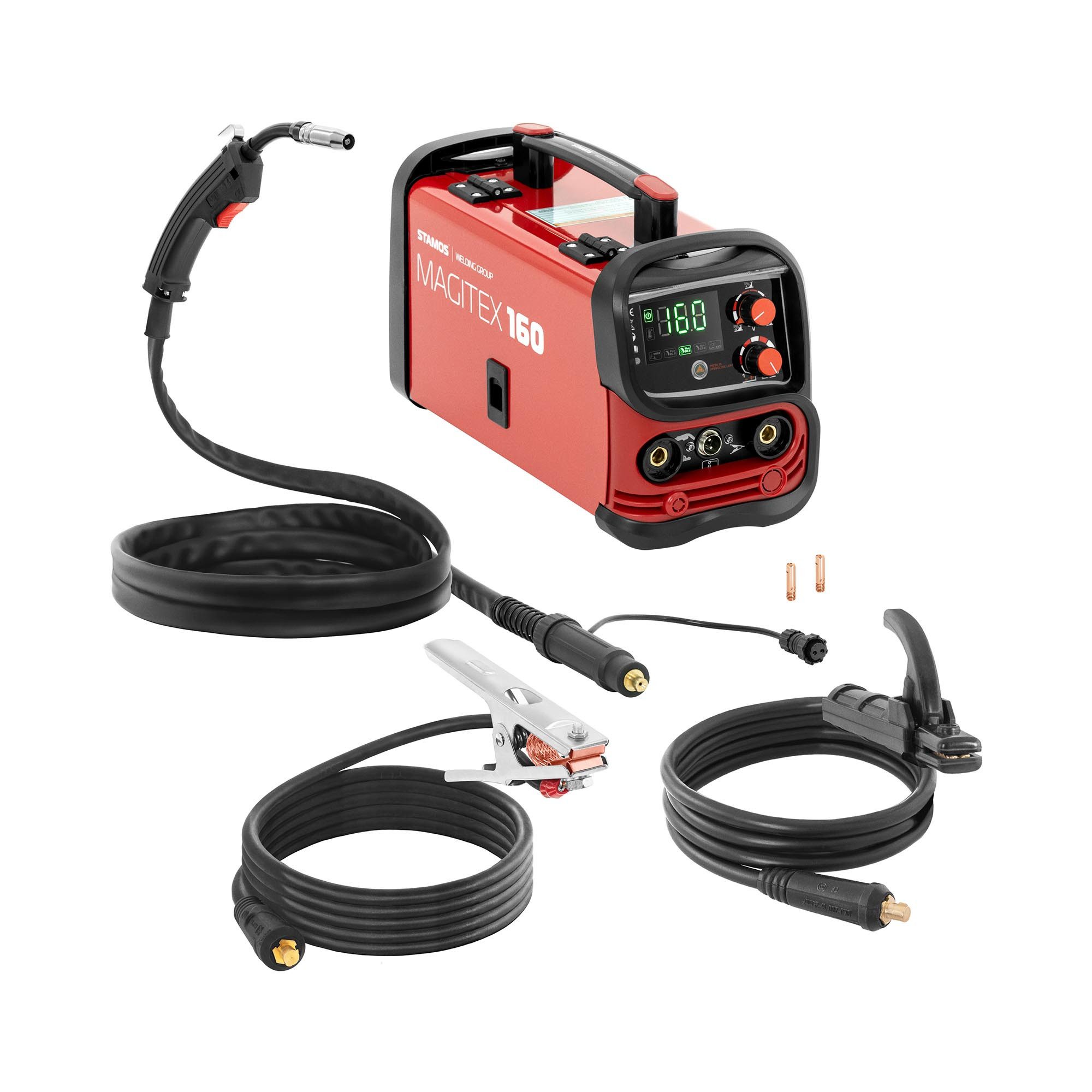 Stamos Welding Group Elektroschweißgerät Fülldraht Schweißgerät 130 A FLUX WIG Liftarc MMA digitales Bedienfeld