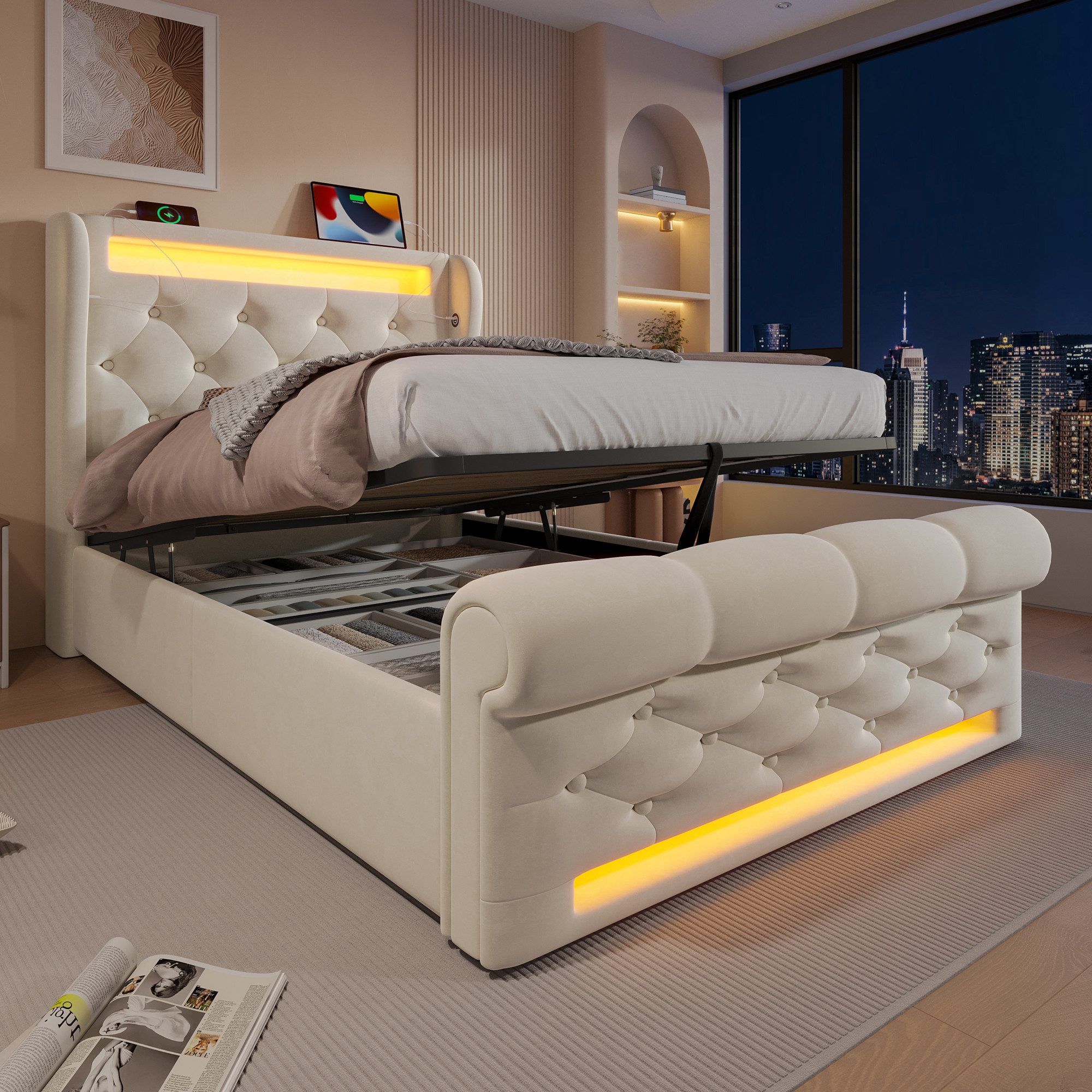 Flieks Polsterbett, Hydraulisches Stauraumbett 90x200cm mit LED Beleuchtung günstig online kaufen