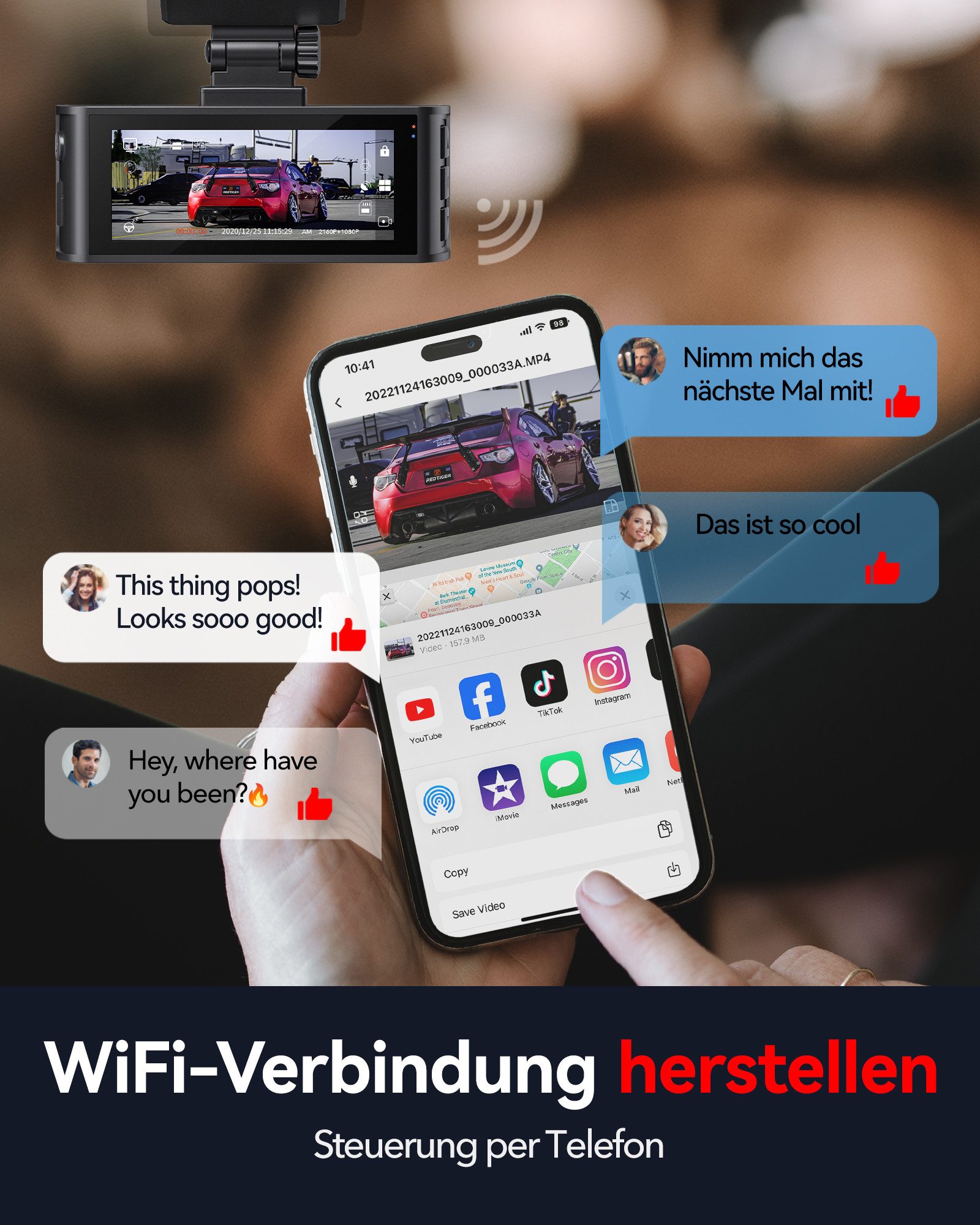 REDTIGER Duale Aufnahme Nachtsicht 170° Weitwinkel Auto Dashcam (Vorne 4K UHD, Hinten 1080p, WLAN (Wi-Fi), GPS,WiFi,24-Stunden-Parkmonitor) – Bild 5 von 5