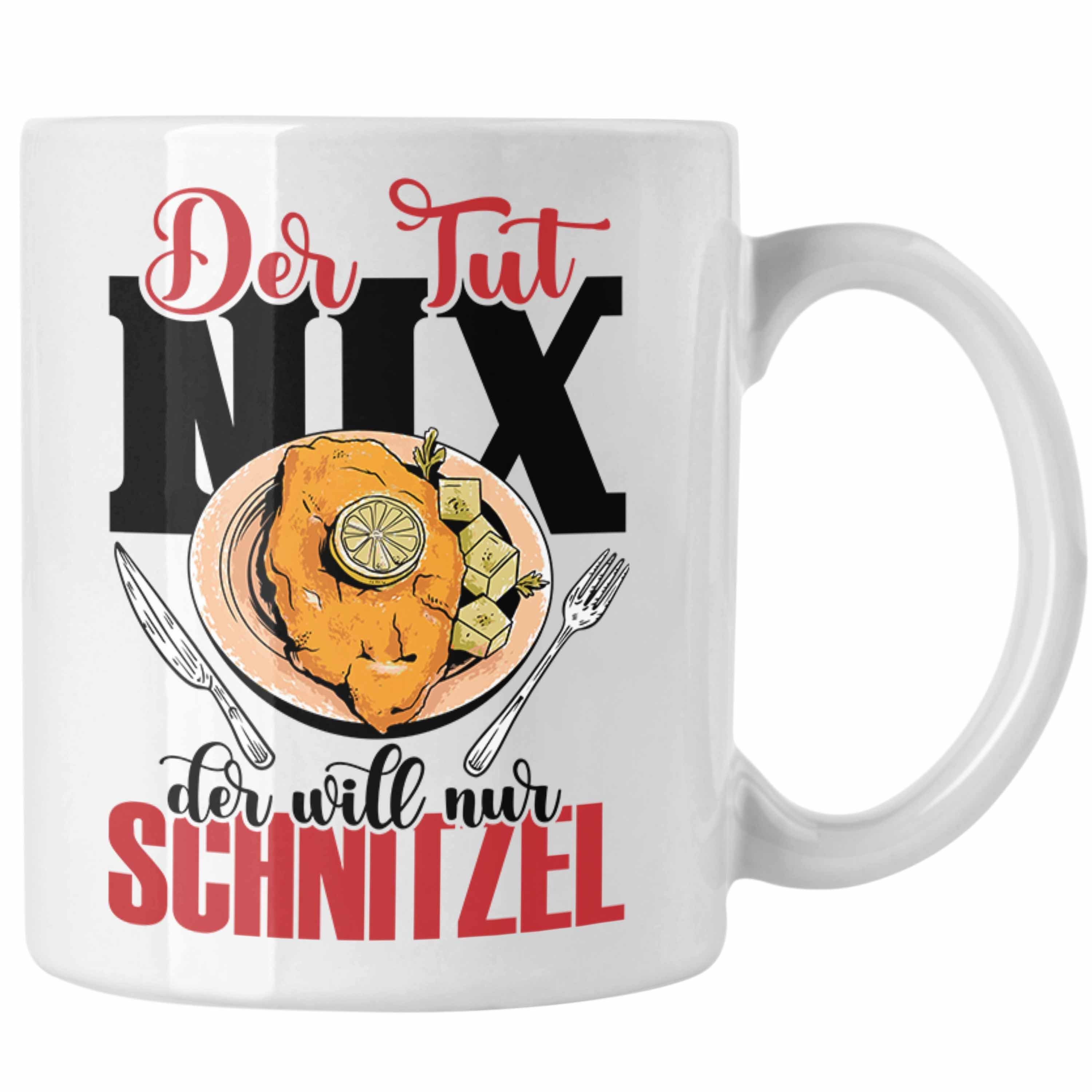 Trendation Tasse Schnitzel Tasse "Der tut nix, der will nur Schnitzel" Geschenkidee für Weiss