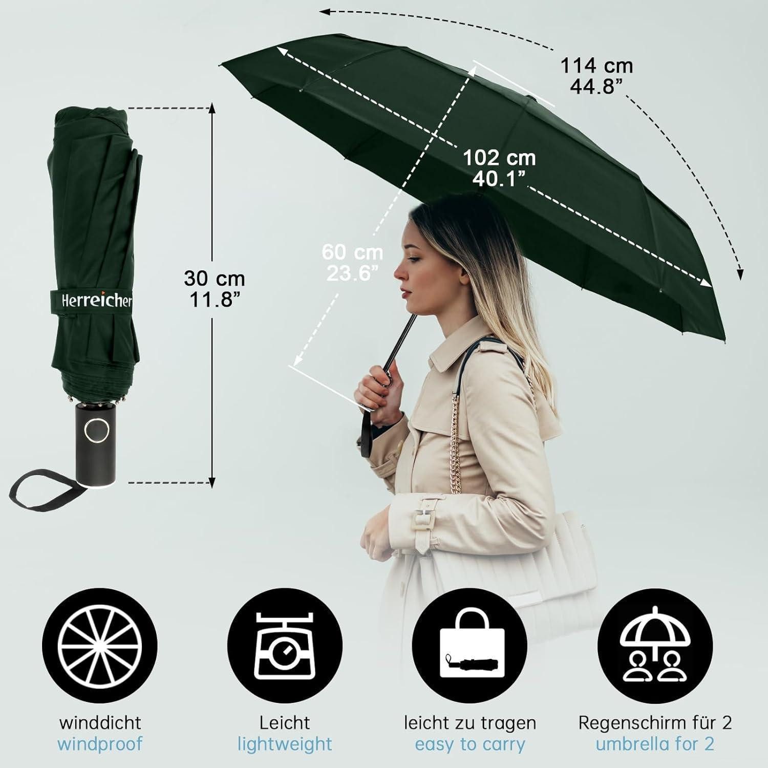 Herreicher Taschenregenschirm Premium Regenschirm Sturmfest Groß Taschenschirm Automatik - Winddicht