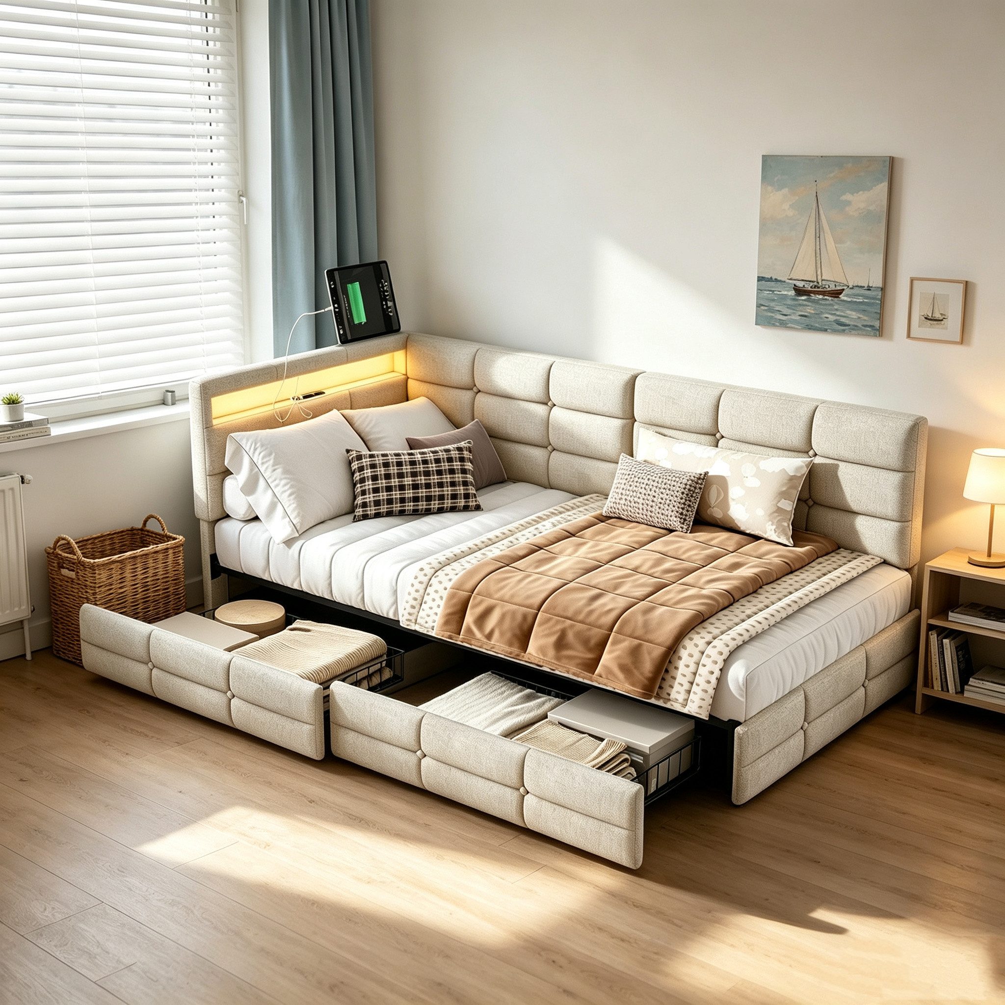 Simurq Daybed Modernes Tagesbett 90x200 cm, Polsterbett in Leinenoptik, Jugendbett, Holzlattenrost, mit Schubladen, mit USB Port+LED, Gästebett