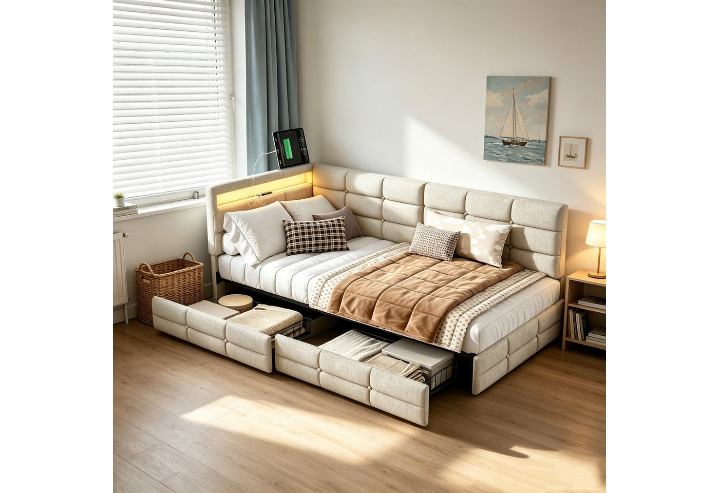 Simurq Daybed Modernes Tagesbett 90x200 cm, Polsterbett in Leinenoptik, Jugendbett, Holzlattenrost, mit Schubladen, mit USB Port+LED, Gästebett