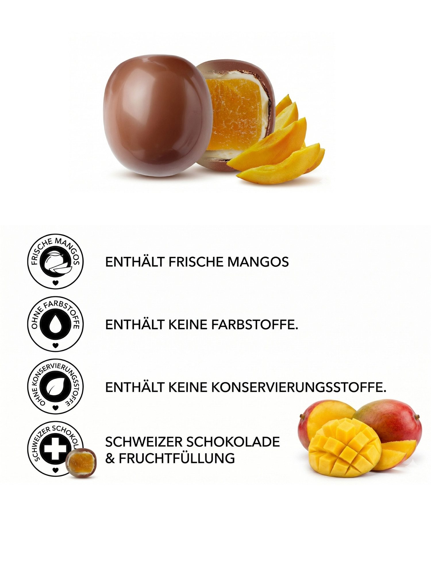 PATISLOVE Schokolade Patislove Mango Dragee – Gefriergetrocknet in Schweizer Schokolade, Ohne künstliche Farbstoffe, 100% echte Frucht.