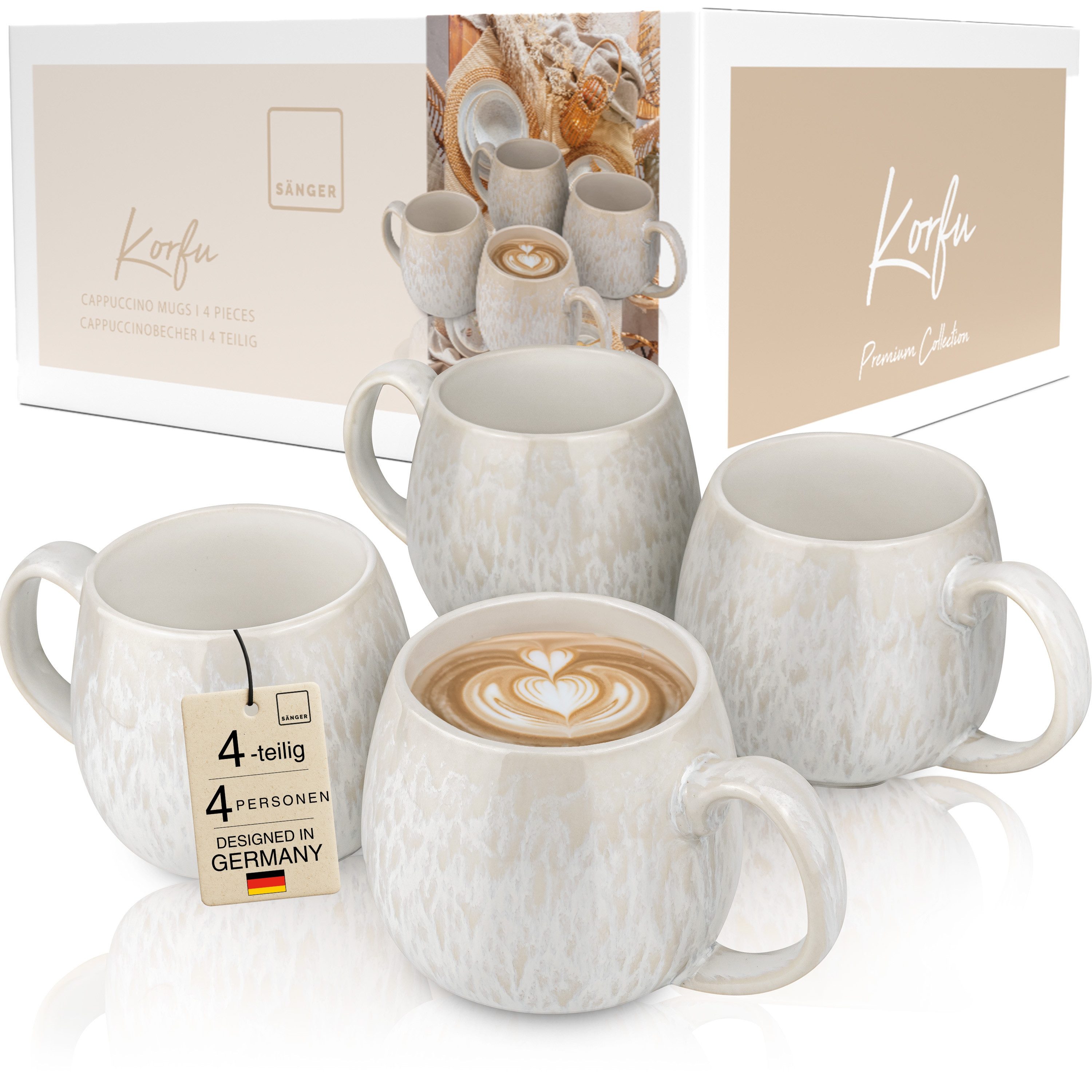 SÄNGER Becher Korfu Kaffeebecher Set (4-teilig), 4-tlg., Steingut, 300ml, Creme Farben, Handmade, Premium Collection
