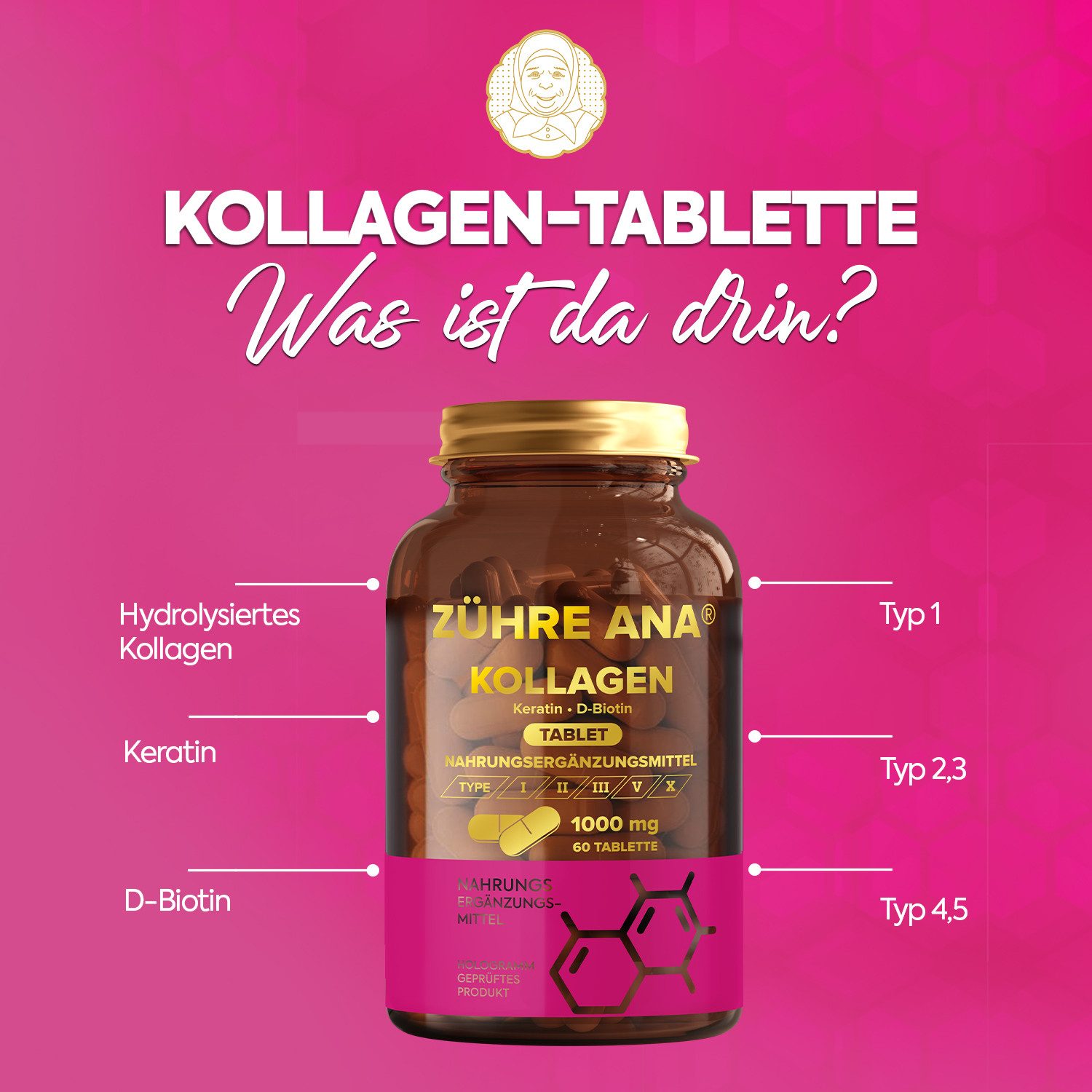 Zühre Ana® Kollagen Tablette-Keratin + D-Biotin, Gesundes Haar, Glänzende Haut Kapseln, 60 St., 60 g, Reichhaltige Kollagenquelle, Keratin-Unterstützung