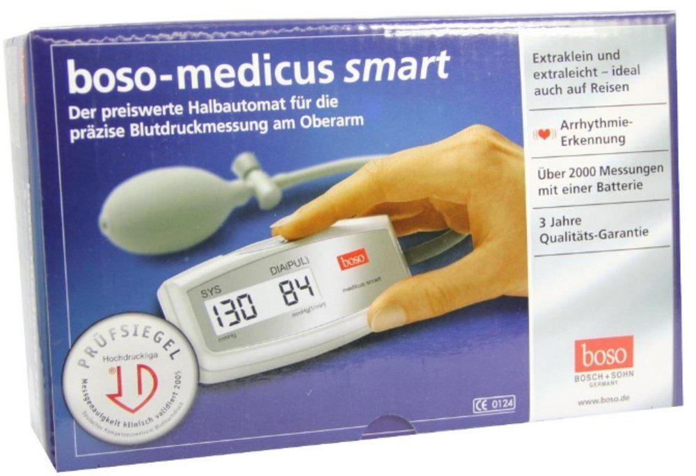 boso Oberarm-Blutdruckmessgerät Medicus Smart Blutdruckmessung mit Arrhythmie-Erkennung, Memomatic für ein schonendes Aufpumpen, Einfache Anwendung, Top für unterwegs