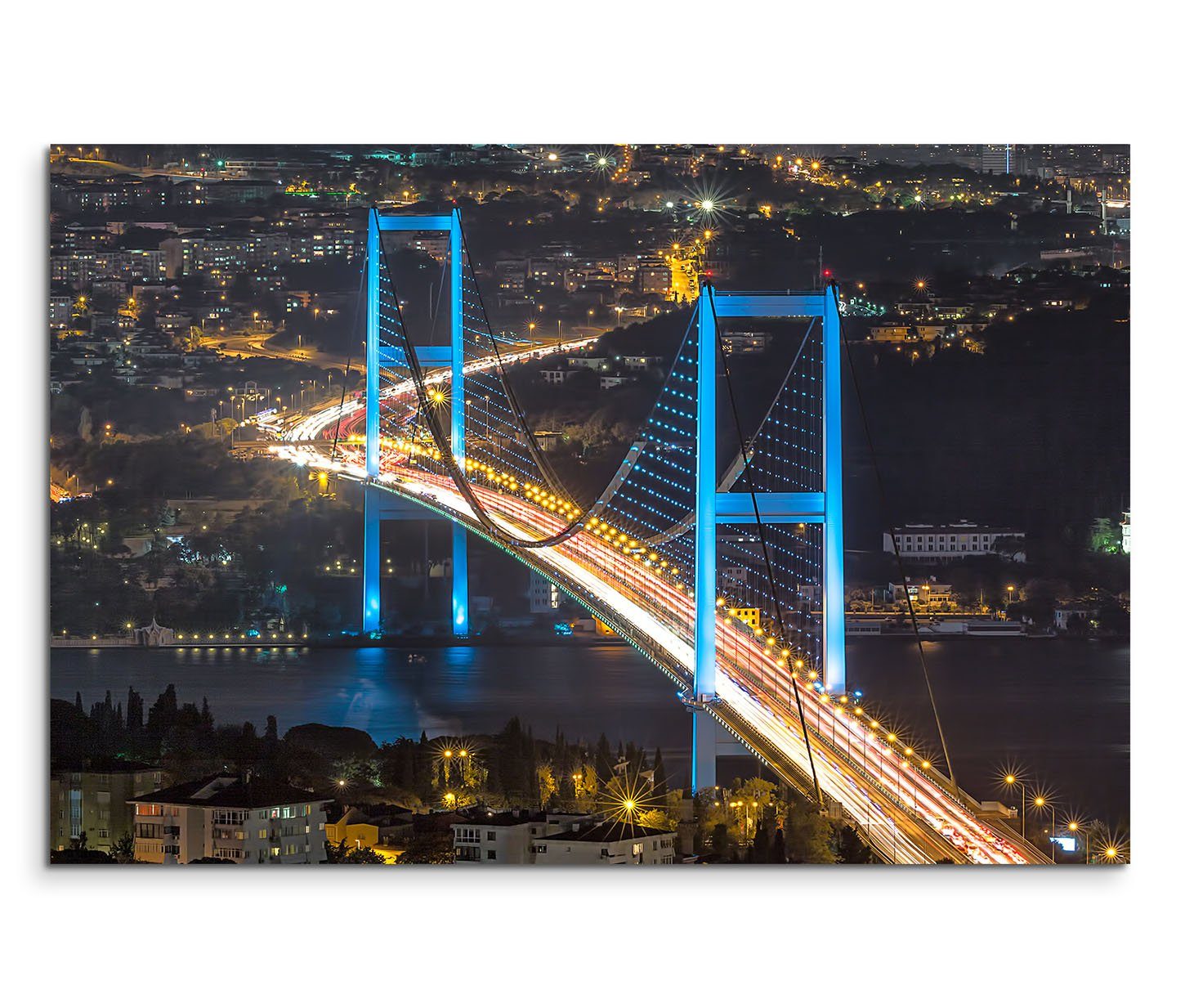 Sinus Art Leinwandbild 120x80cm Wandbild Istanbul Bosporus Brücke Nacht Lichter