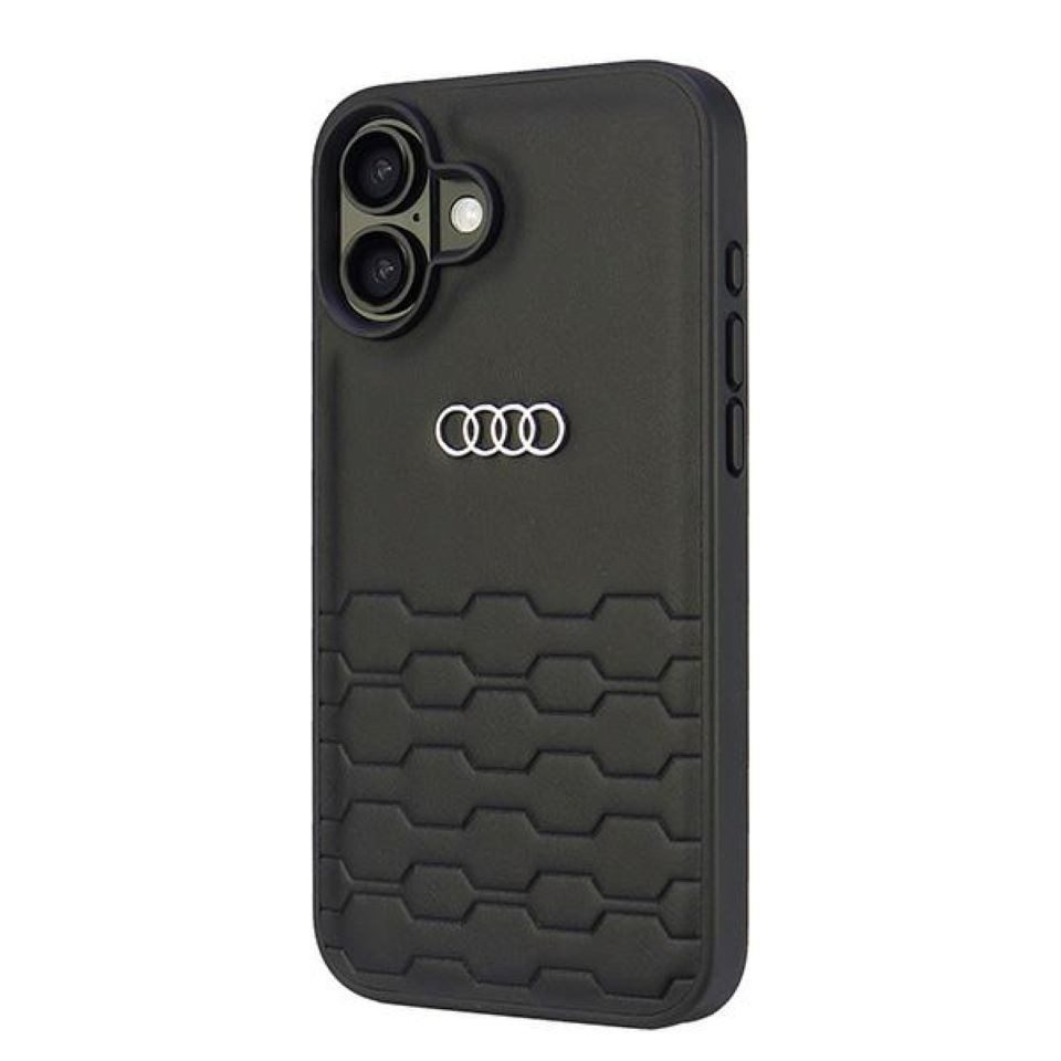 Audi Handyhülle iPhone 16 Plus Kunstleder schwarz Logo Metall 6,7 Zoll, Kantenschutz