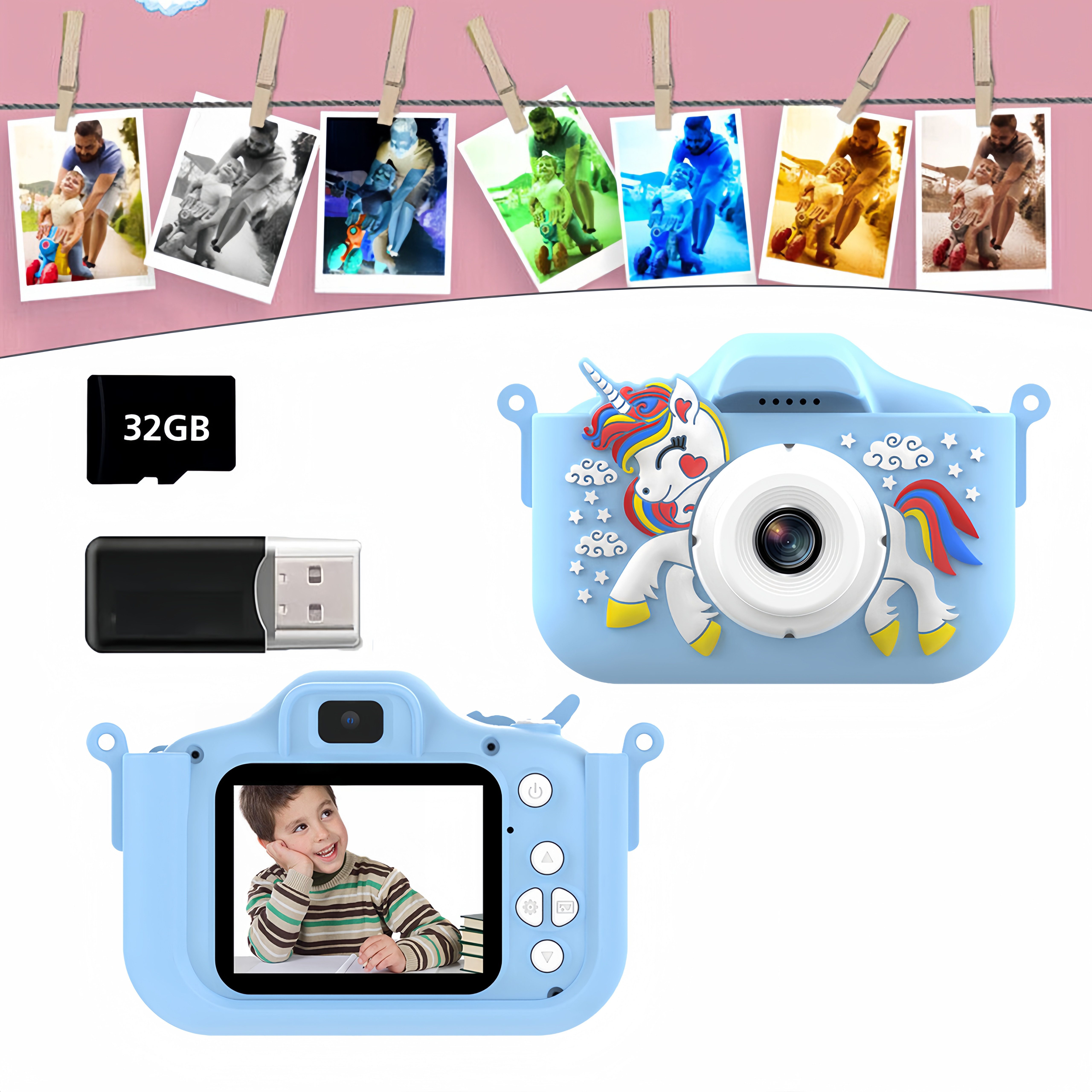 BlingBin X10S Digitalkamera 1080p HD Multifunktionale Mini Unicorn Kamera, Blau Kinderkamera (inkl. 5 Stück, (inkl. 32G-Speicherkarte + Kartenleser) für Kinder Geschenk)