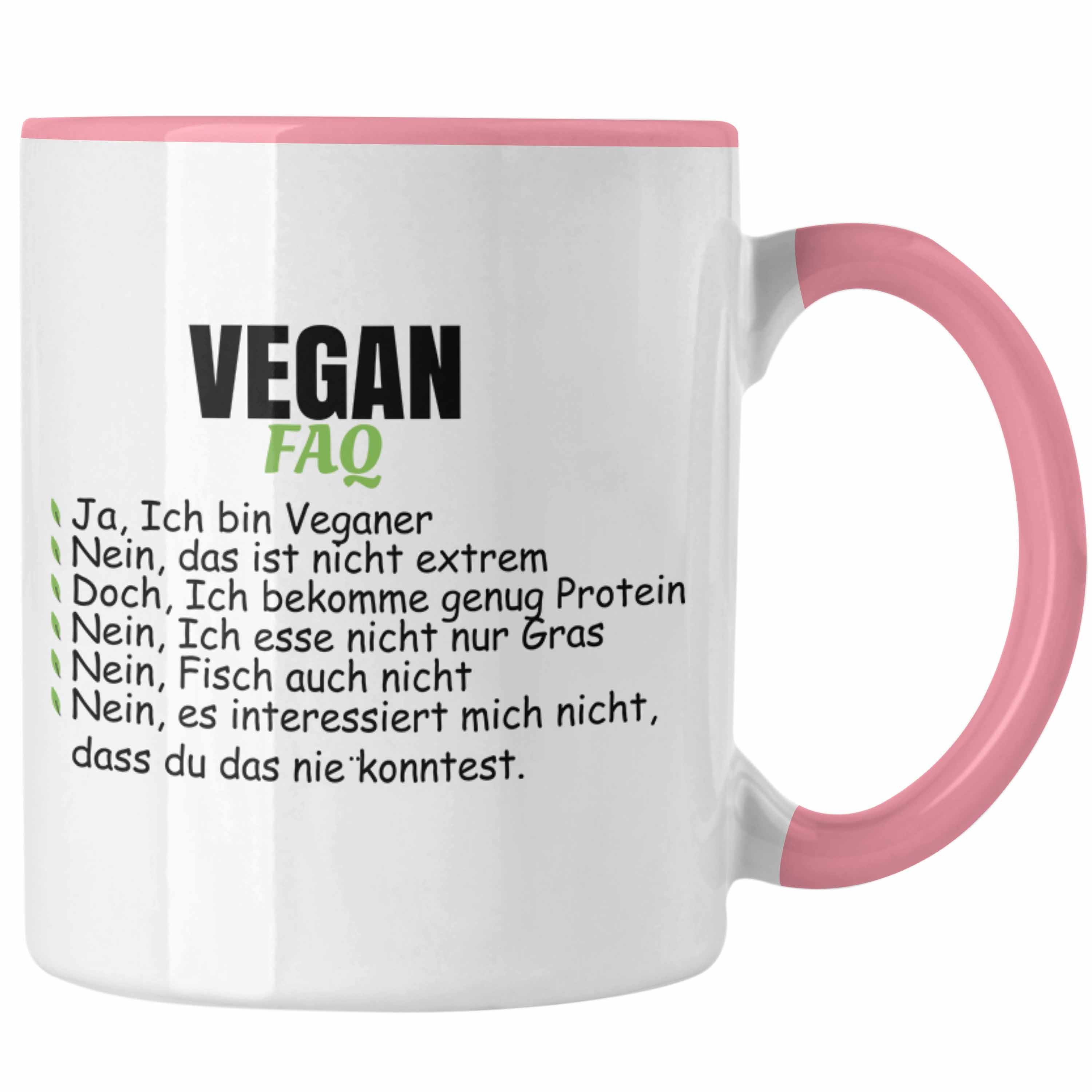 Trendation Tasse Trendation - Veganer Tasse Geschenk FAQ Vegan Geschenkidee Lustiger Spruch Vegane Lebensweise Spruch Rosa