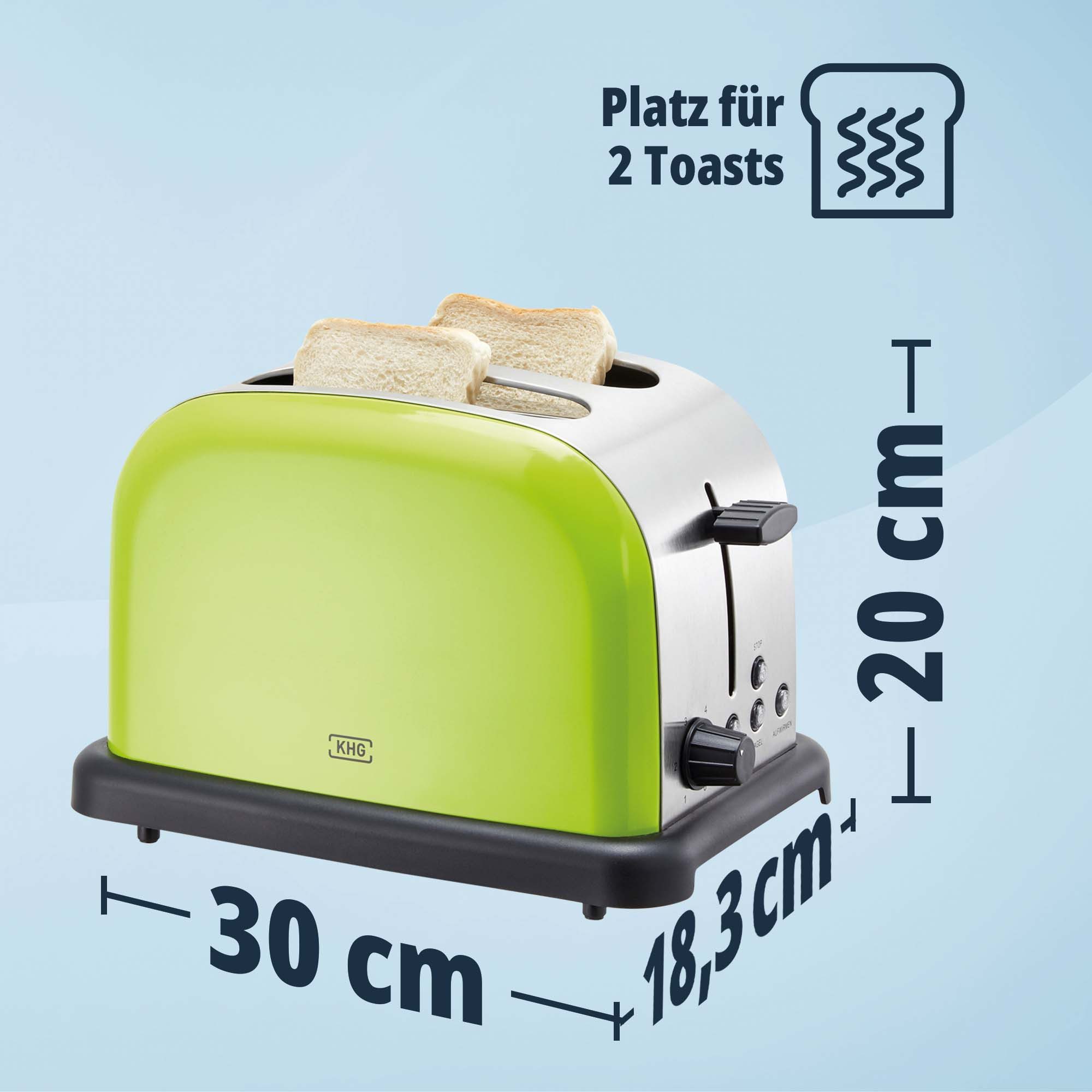 KHG Toaster Edelstahl, Auftau- und Aufwärmfunktion, 6 Bräunungsstufen, 2 kurze Schlitze, für 2 Scheiben, 1000 W, Brötchenaufsatz, Krümelschublade, Bagel-Funktion