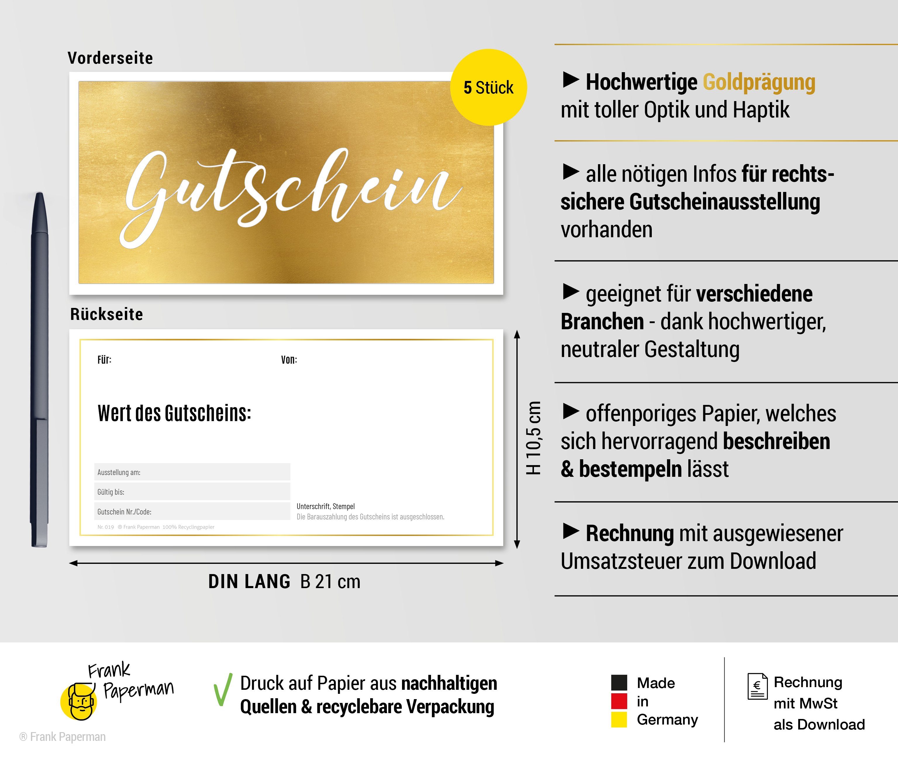 Frank Paperman Geschenkkarte Gutscheine & Terminkarten, Goldfolienprägung, Stempelfeld, 100 % Recyclingpapier, Geschenkgutschein, Danke, Geburtstag
