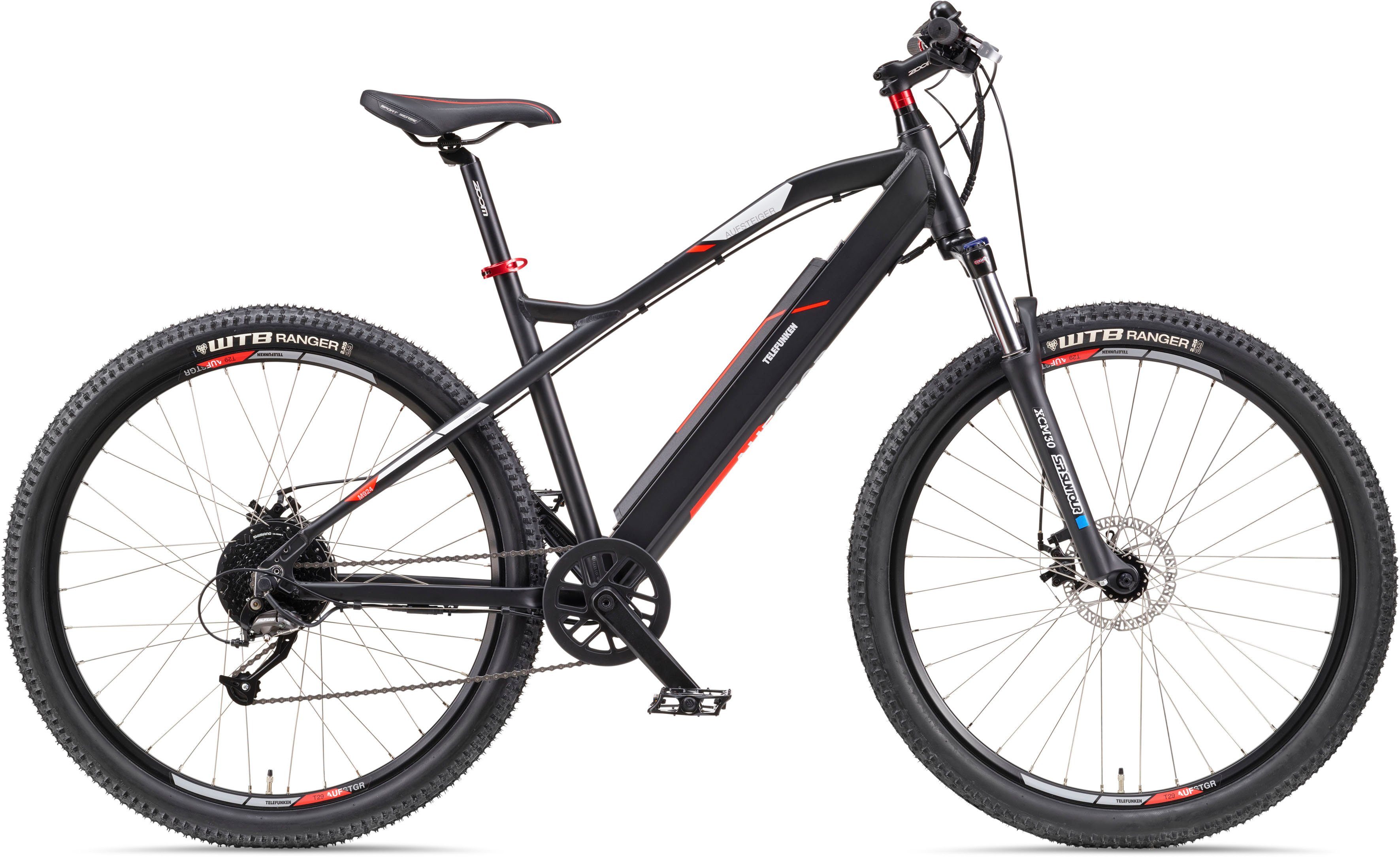 Telefunken E-Bike M924, 9 Gang Shimano Altus Schaltwerk, Kettenschaltung, Heckmotor, 504 Wh Akku, (36 V 504 Wh Akku, Geländebike off road, ca. 100 km Reichweite), Mountainbike MTB Elektrofahrrad, Damen Herren, 27,5 / 29 Zoll, Pedelec