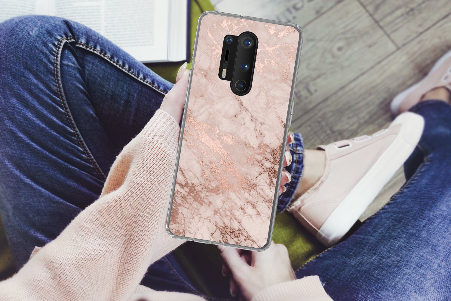 MuchoWow Handyhülle für OnePlus 8 Pro Marmor - Rosa - Luxus - Marmoroptik - Glitzer - Desi, Phone Case, Silikon, Schutzhülle Dünn