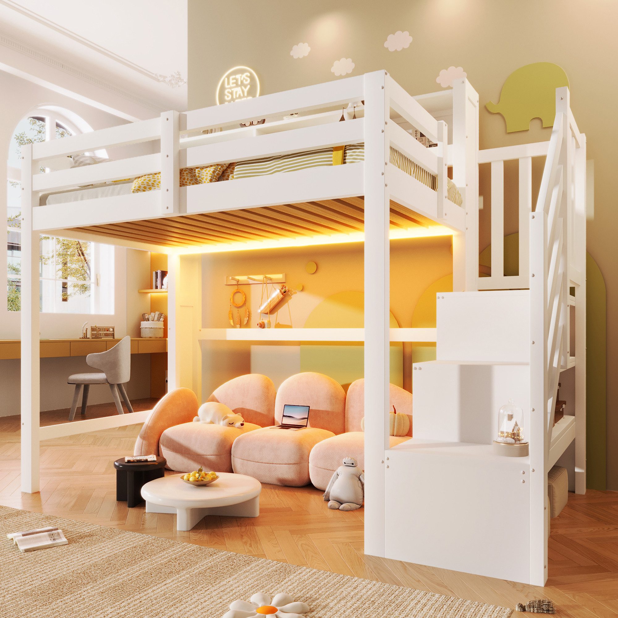 Flieks Hochbett Kinderbett 90x200cm mit LED-Beleuchtung und Stauraumtreppe