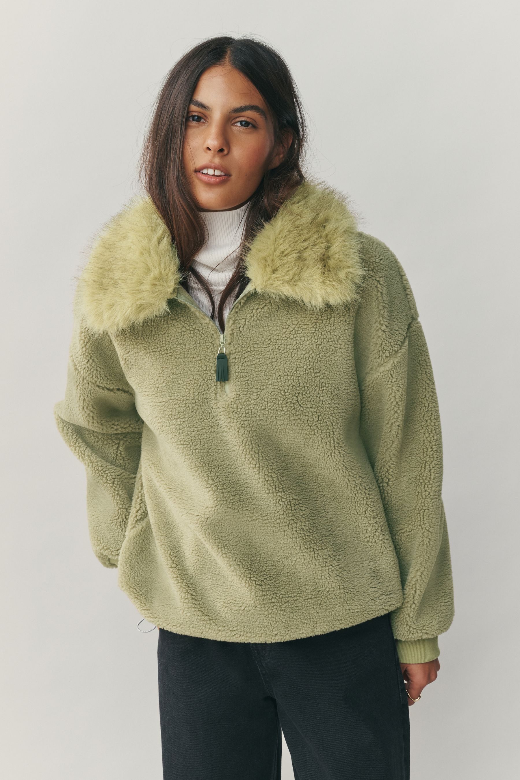 Next Fleecepullover Borg-Fleece mit 1/4-RV und Kunstfell-Kragen (1-tlg)