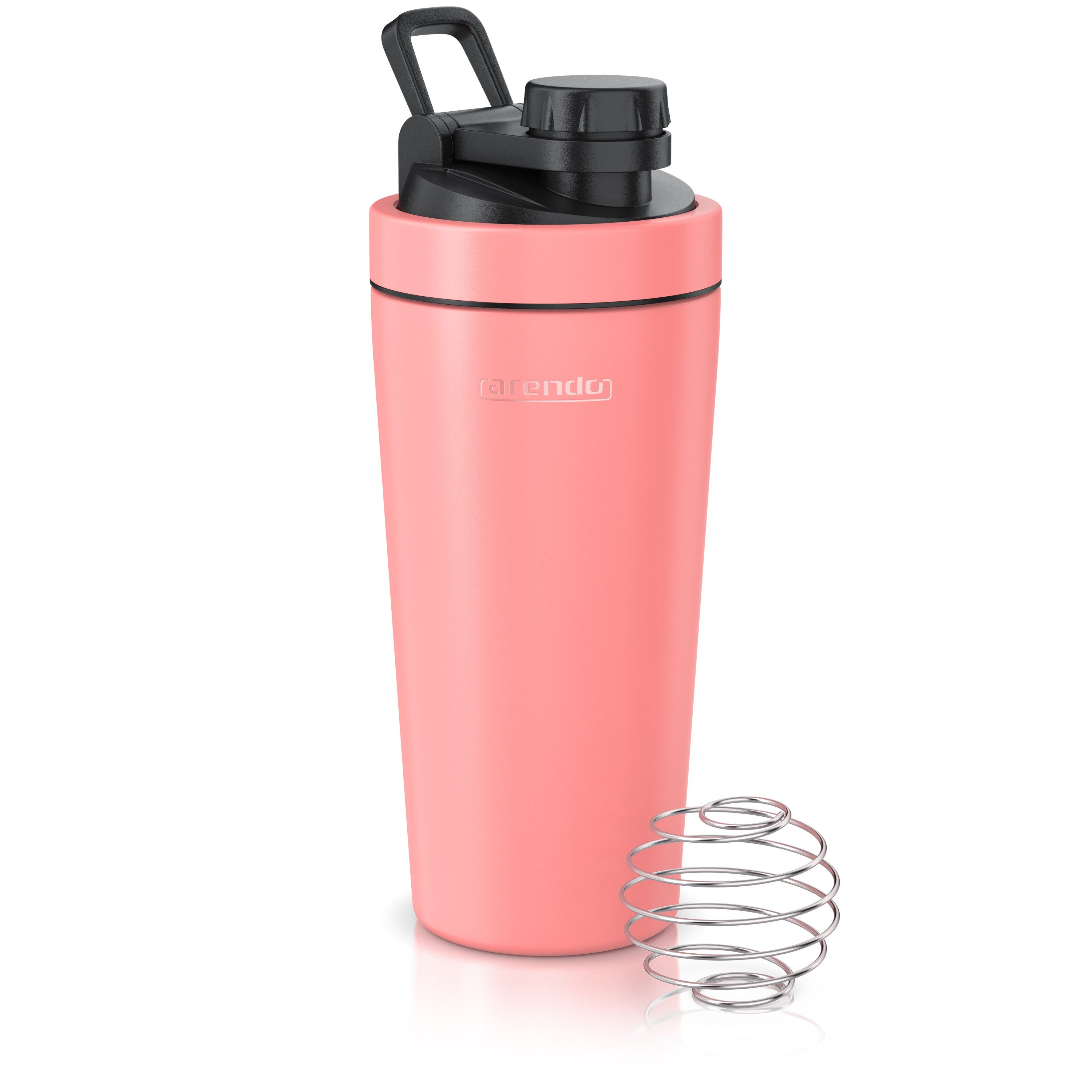 Arendo Protein Shaker Edelstahl Eiweißshaker 750 ml, korall, verschließbar, BPA-frei, Edelstahl, auslaufsicher, spülmaschinengeeignet, mit Tragegriff und Mixball