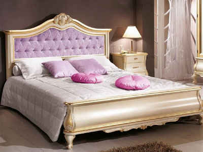 Casa Padrino Bett Doppelbett Lila / Cremefarben / Gold - Prunkvolles Massivholz Bett im Barockstil - Schlafzimmer & Hotel Möbel - Qualität - Made in Italy