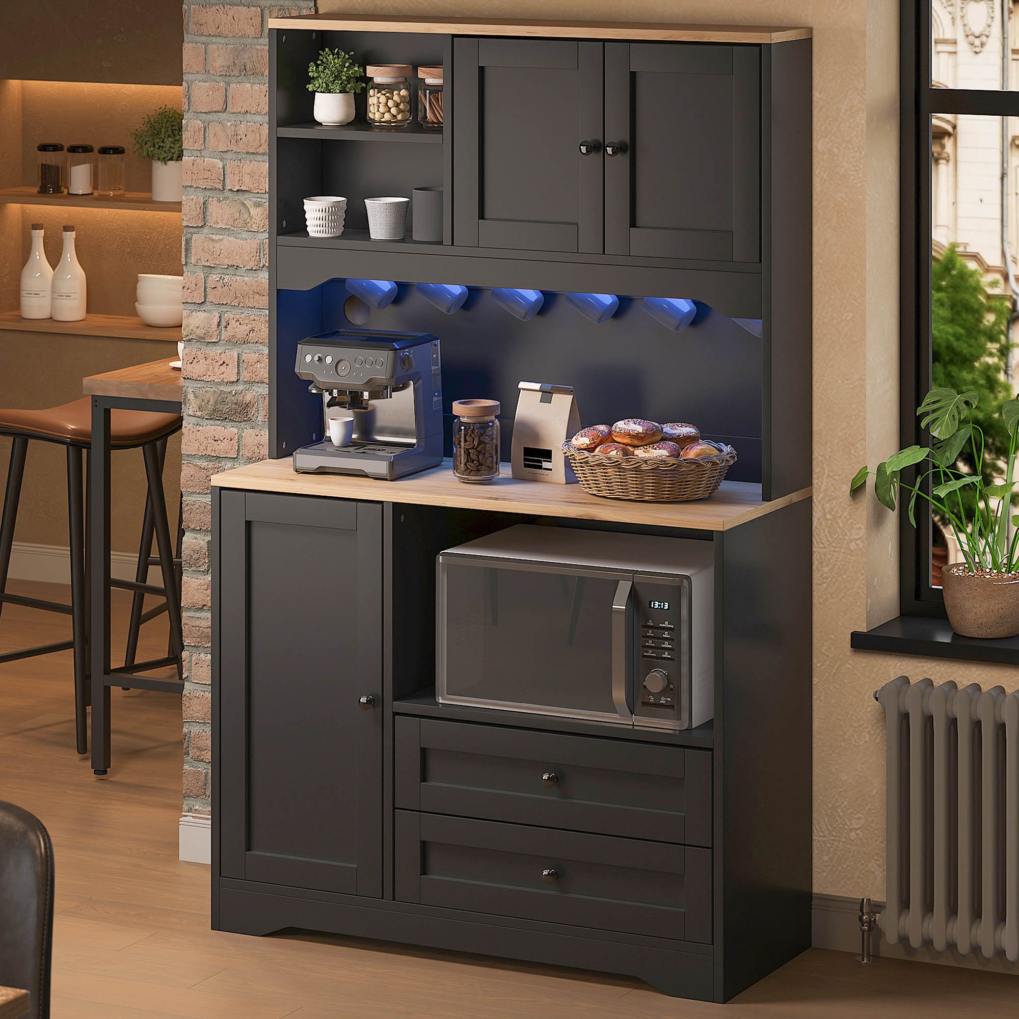 Flieks Küchenbuffet Hochschrank mit LED-Beleuchtung, Steckdosen, 6 Haken, Türablagen (Ladefunktion, verstellbare Einlegeböden, 1-St., B100xT40xH163 cm) Küchensc – Bild 3 von 5