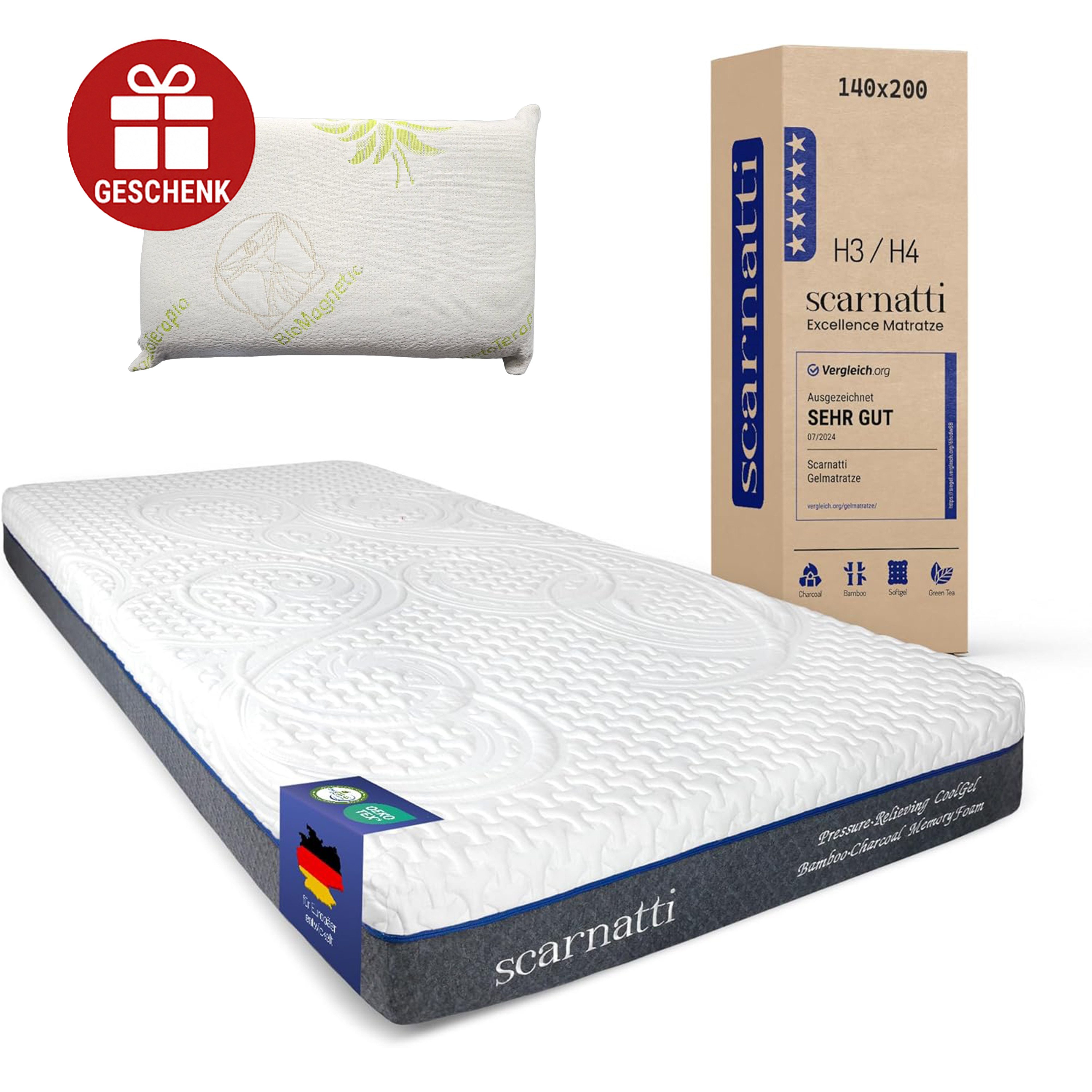 Kaltschaummatratze Matratze 18 cm hoch, Kaltschaummatratze Memory Schaum Bett, 7-Zonen, scarnatti, 18 cm hoch, (Spar-Set), Gelmatratze mit H3/H4, Bambus, Grüntee & Zero Motion (Gratis Kissen)