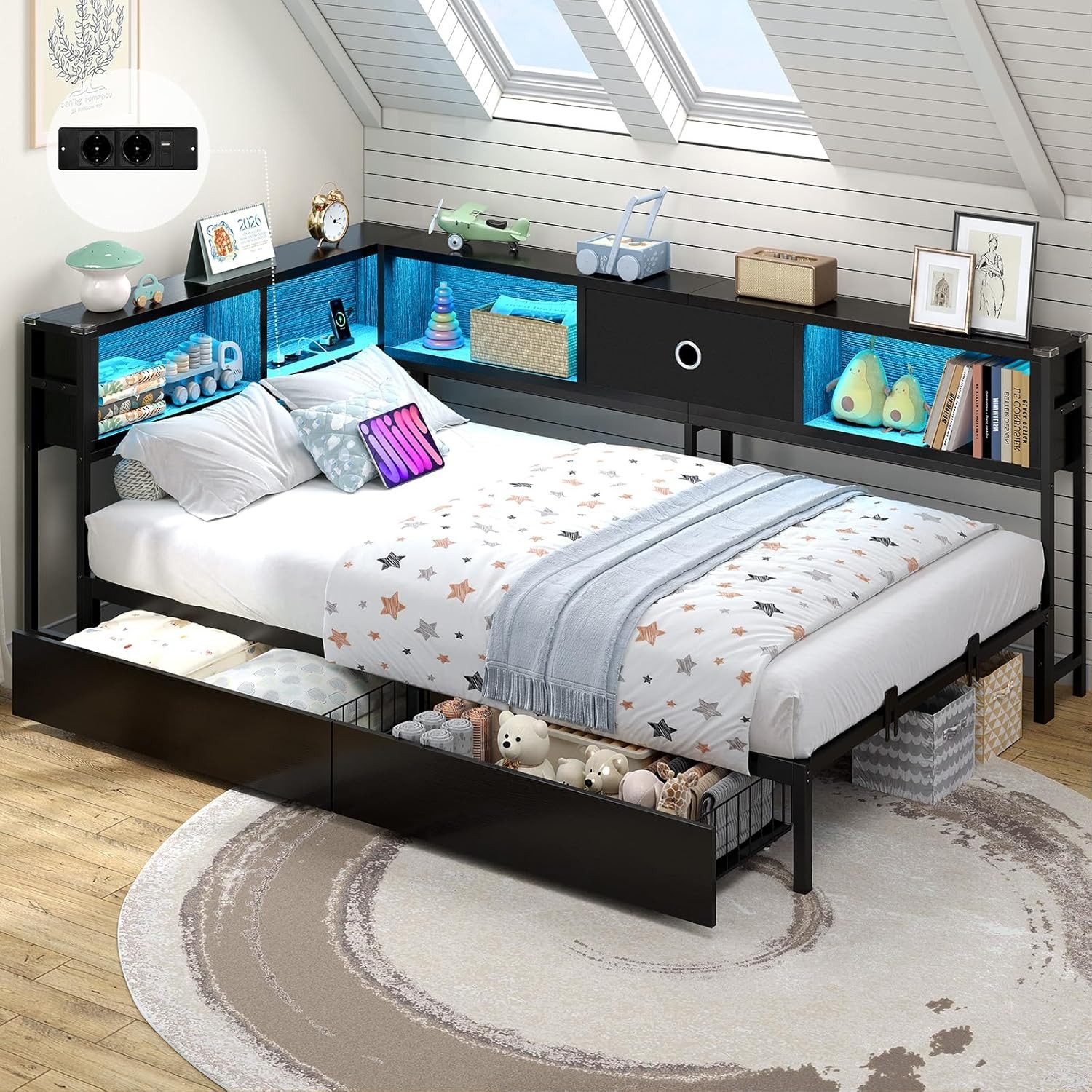 Daybett Schlafsofa mit LED-Beleuchtung und Steckdose, Kinderbett, Jugendbett