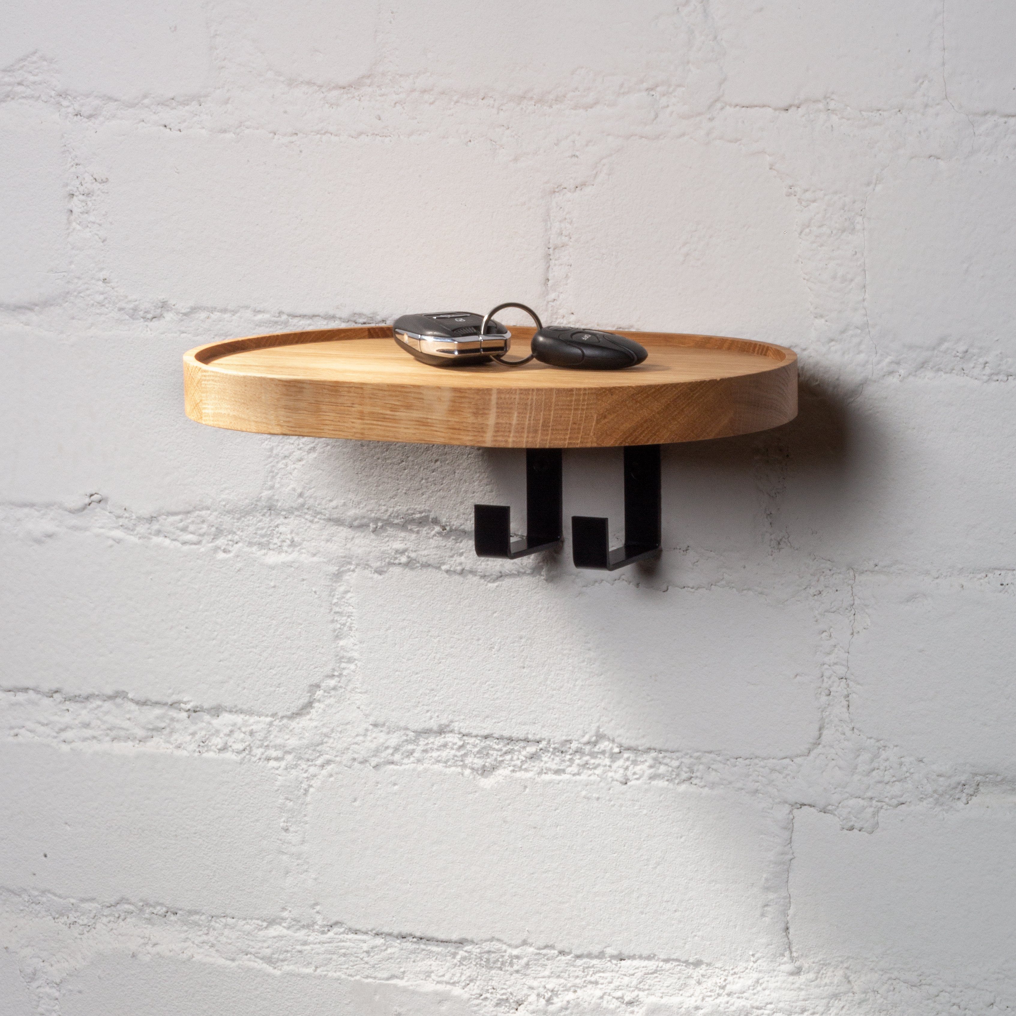 Woodek Design Wandgarderobe WOODY, moderne Flurgarderobe mit 2 Haken, H 2,5 x B 28 x T 20 cm (Wandgarderobe aus geöltem Eichenholz und schwarzem Metall, 1 St., funktionale Kleiderhaken mit Regal), skandinavische Garderobenleiste
