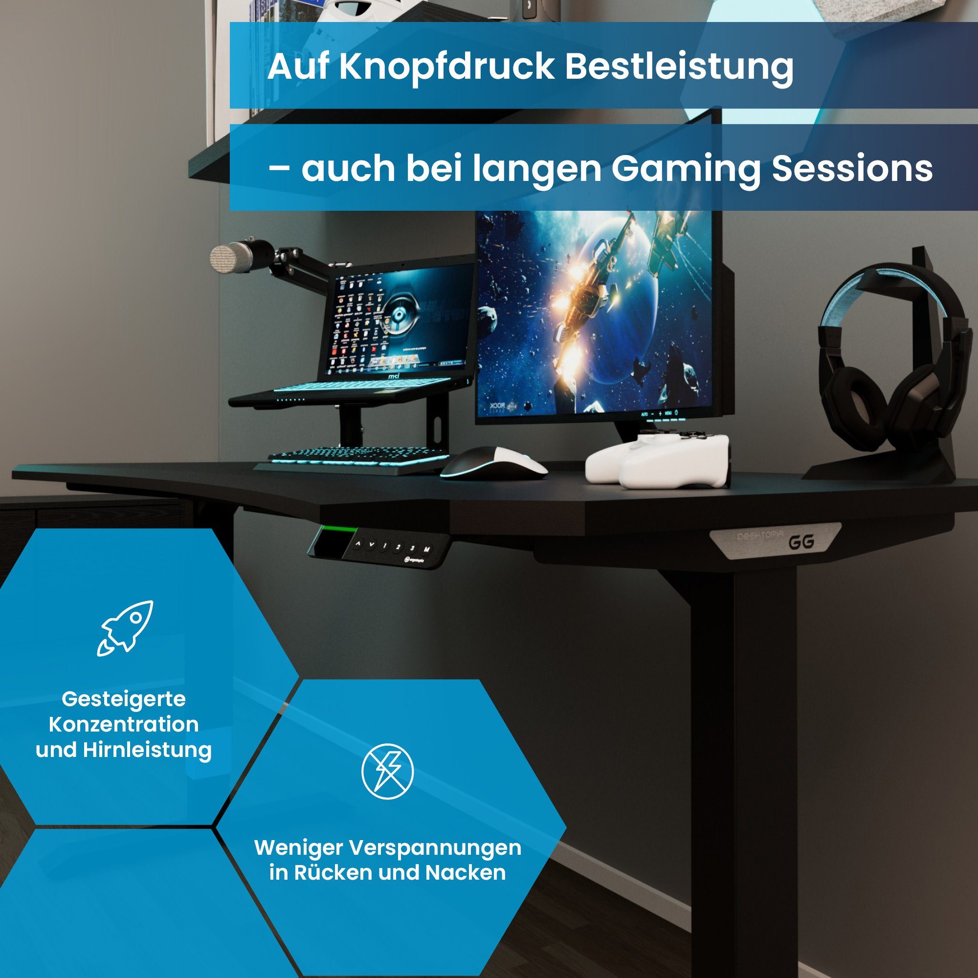 7 Desktopia ergonomisches Gamingtisch | GG Schwarz/Blau (Gaming Jahre Curved Elektrisch Gaming Tisch als Premium höhenverstellbarer Ergotopia Gaming Schreibtisch Garantie Setup), Midnight Black