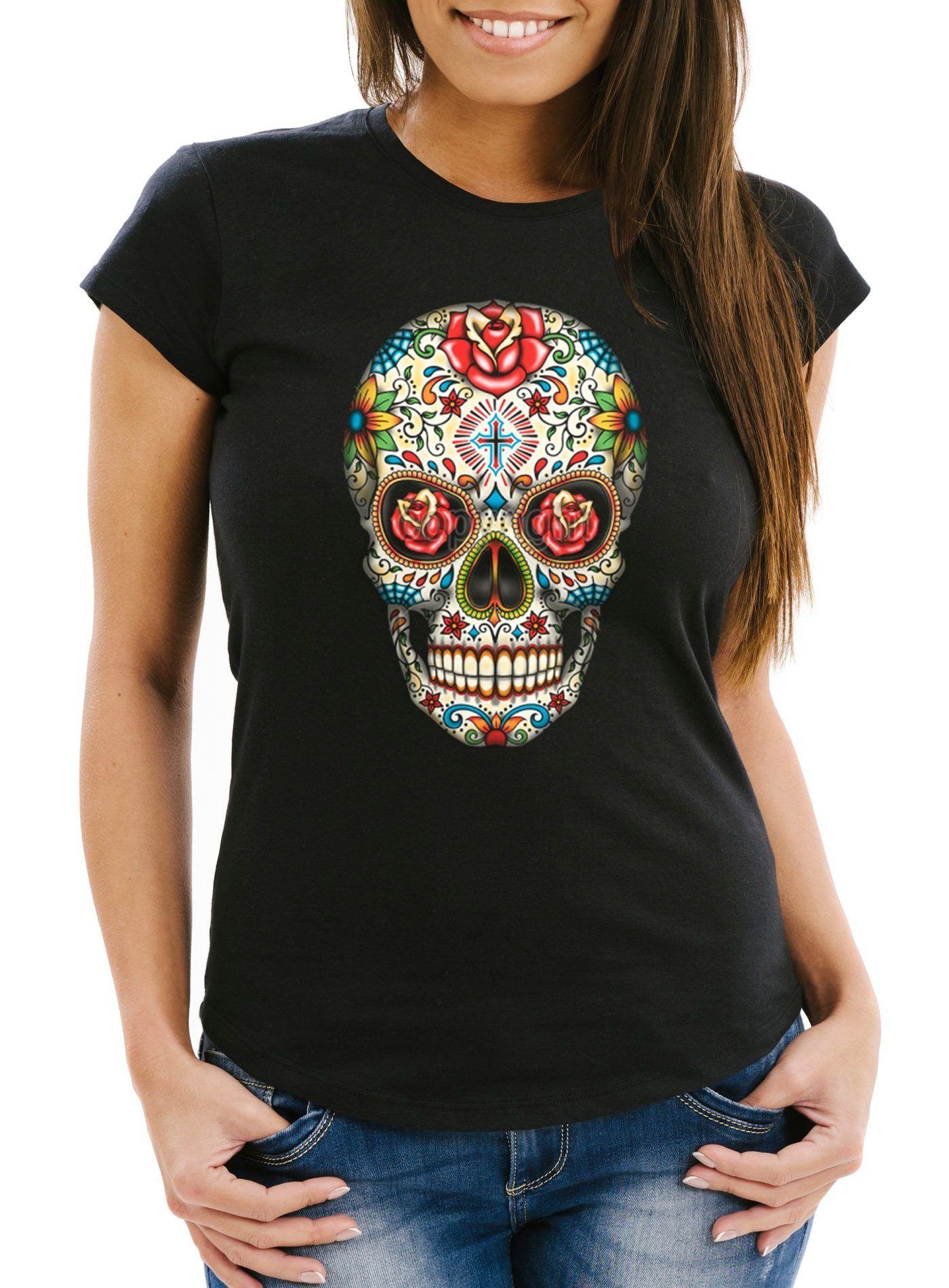 MoonWorks Print-Shirt Sugar Skull Damen T-Shirt with Roses Totenkopf mit Ro günstig online kaufen