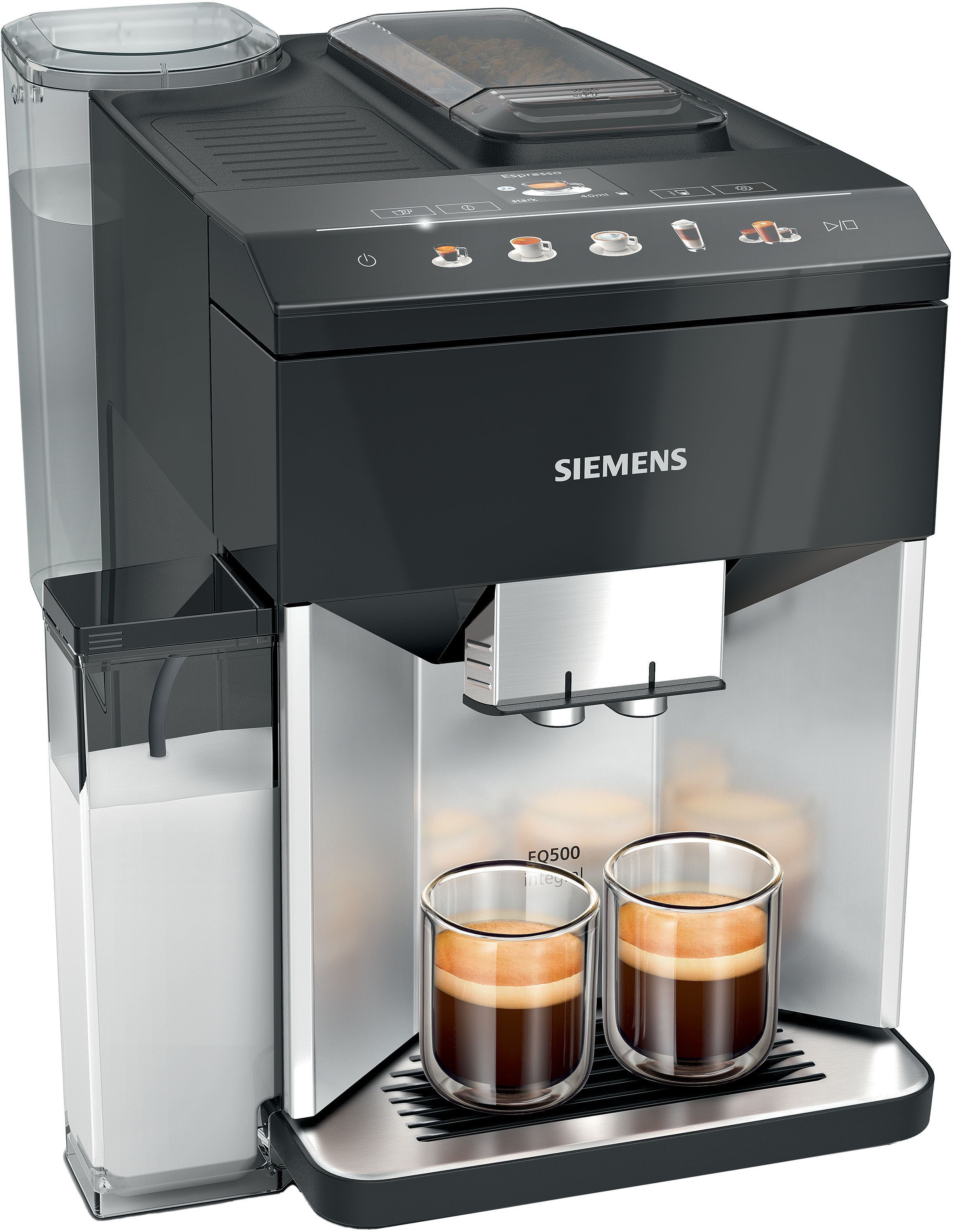 SIEMENS Kaffeevollautomat EQ500 integral TQ513D01, viele Kaffeespezialitäten, OneTouch-Funktion, integrierter Milchbehälter, automat. Dampfreinigung, daylight silber
