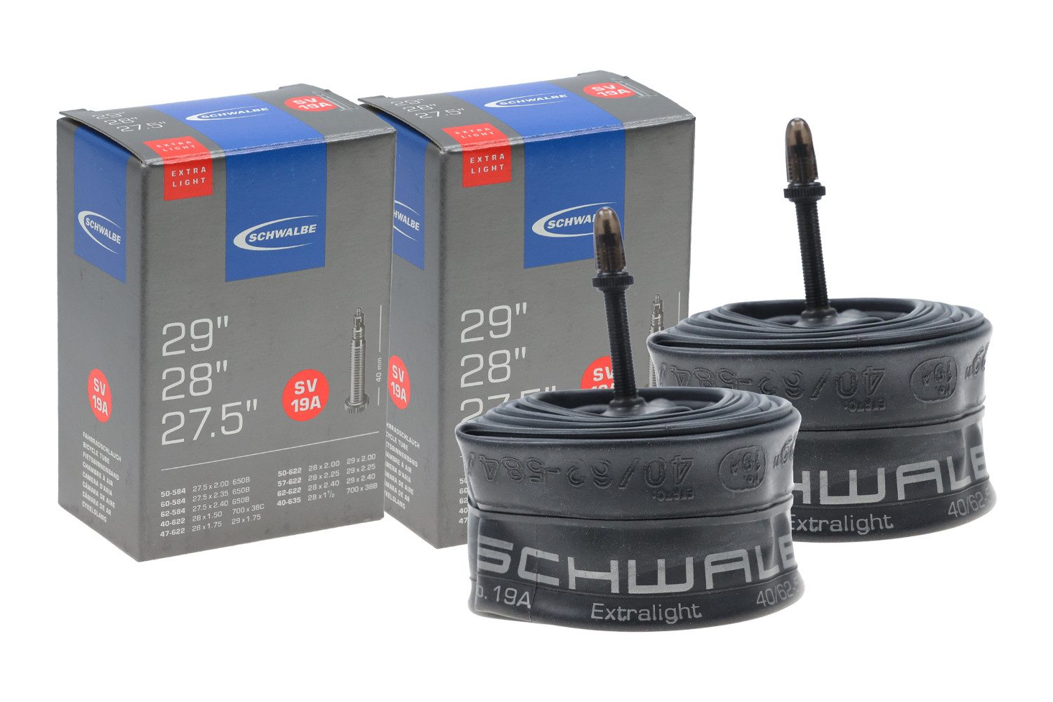 Schwalbe Fahrradschlauch 2x 27.5-29 Zoll SCHWALBE Schlauch No.19A Extra Light 40/62-584/635 SV