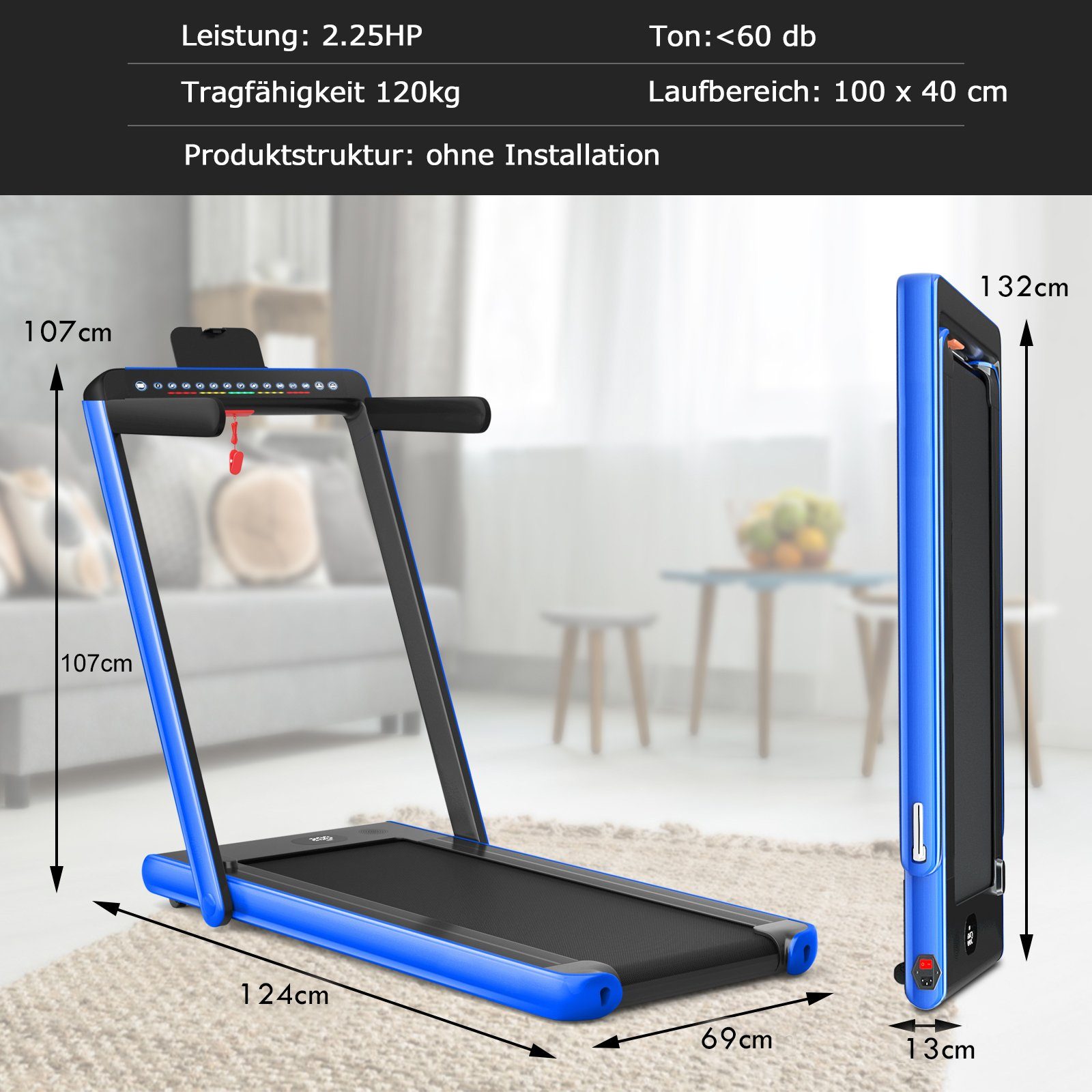 km/h blau 1 12 COSTWAY mit Heimtrainer, Laufband APP, klappbar in - LED, 1 2