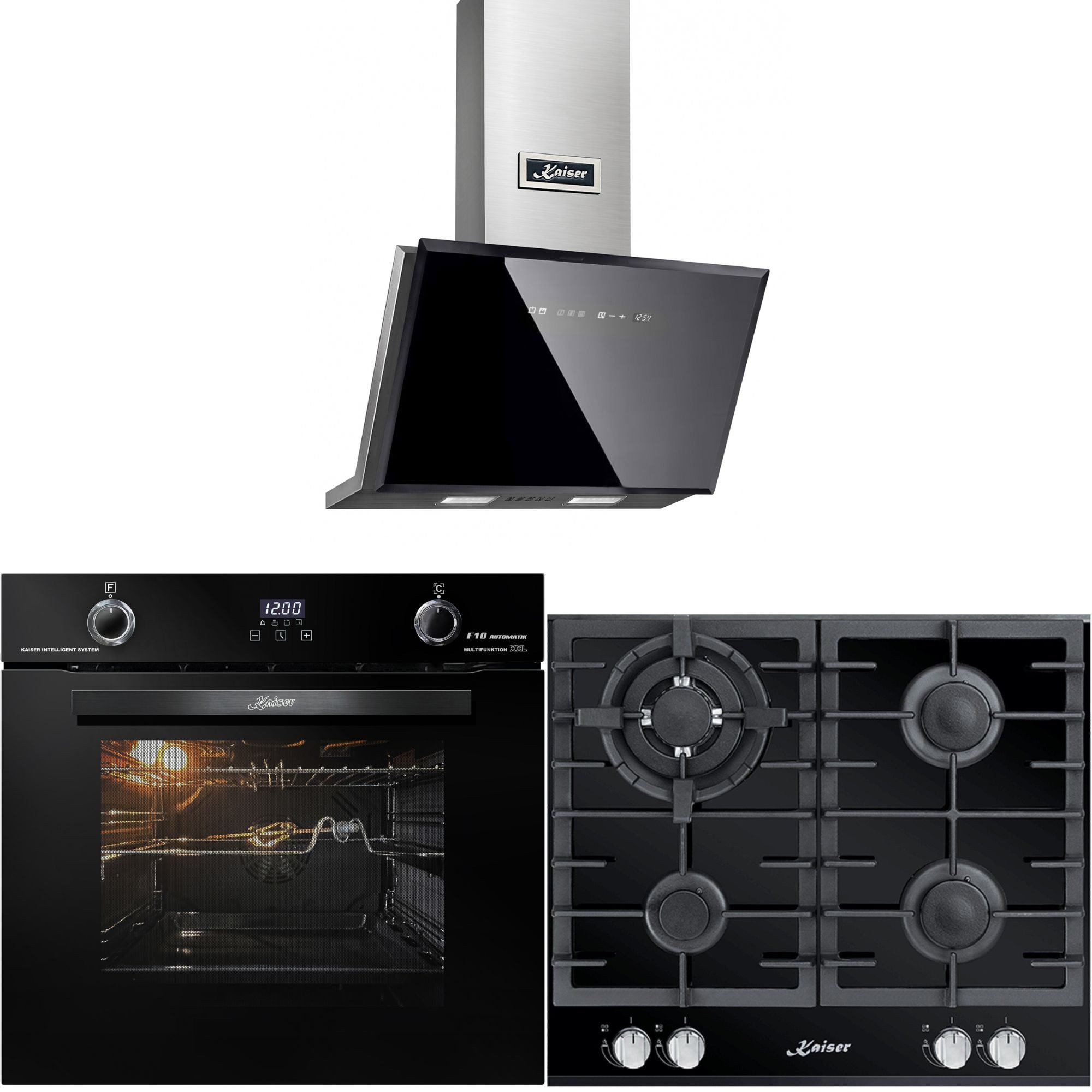 Kaiser Küchengeräte Backofen-Set Herd Set Autark Elektro Backofen, Autark, 79L, 10Funktionen+ Gaskochfeld 60 cm 4 Brenner WOK 3,8 kW WOK+Dunstabzugshaube 60 cm, Edelstahl, 1250m³/h EH 6367+KCG 6380+AT 6430 F ECO, mit 1-fach-Teleskopauszug, Elektro Backofen 60cm+Gaskochfeld 60 cm+Dunstabzugshaube 60 cm