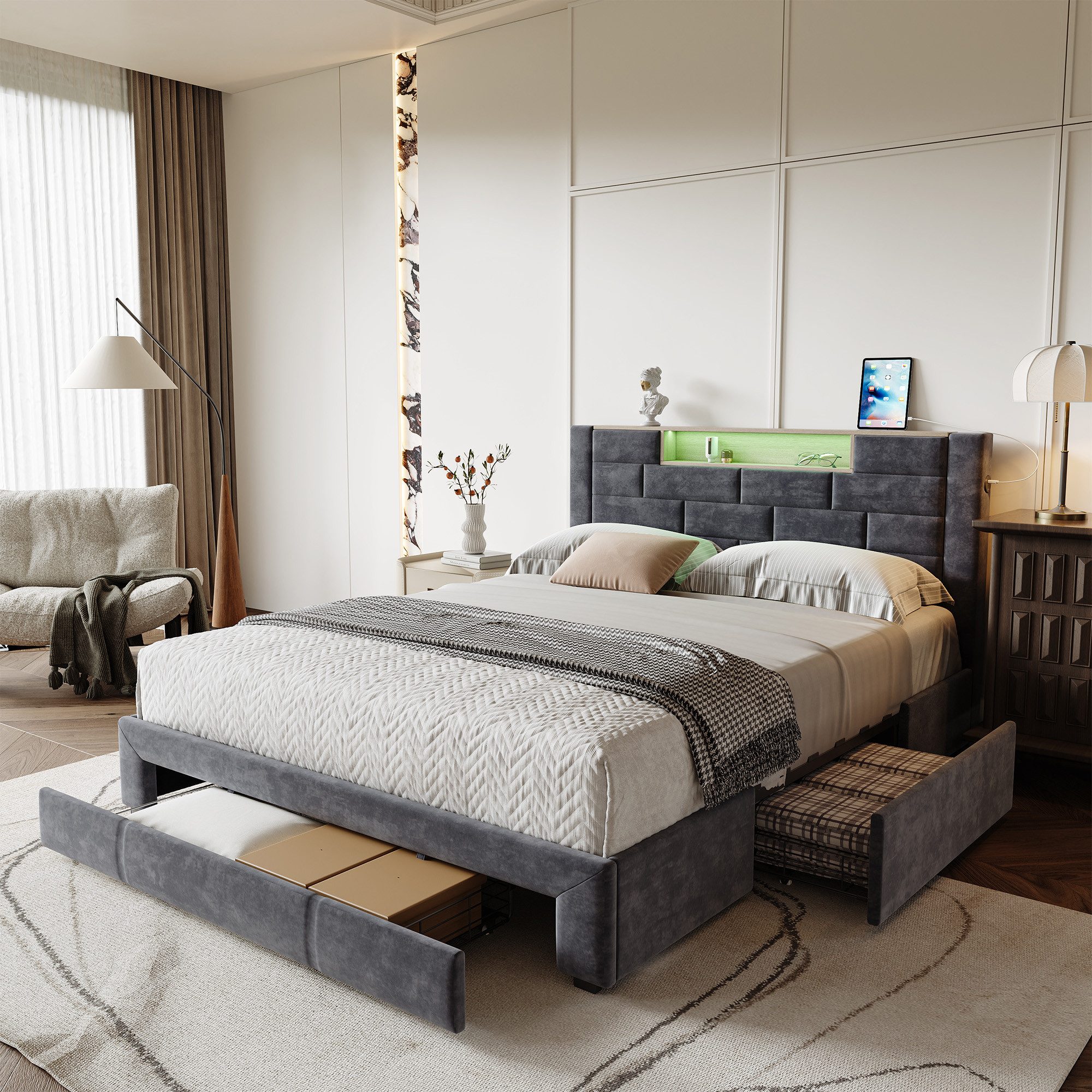 Furnishings Home Polsterbett LED Stauraumbett Doppelbett (Mit Drei extra gr günstig online kaufen