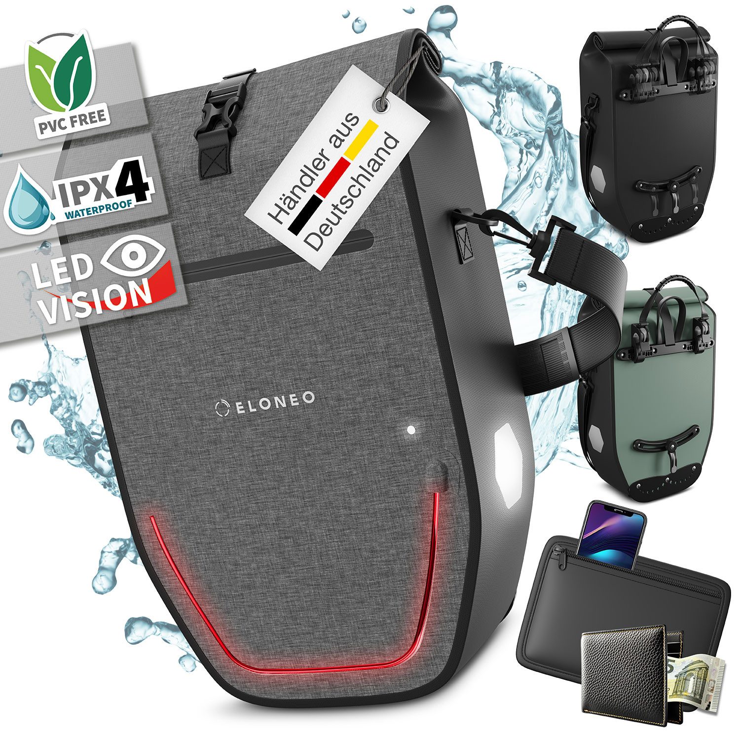 ELONEO Fahrradtasche Gepäckträgertasche, Satteltasche mit Reflektorstreifen, wasserdicht mit LED