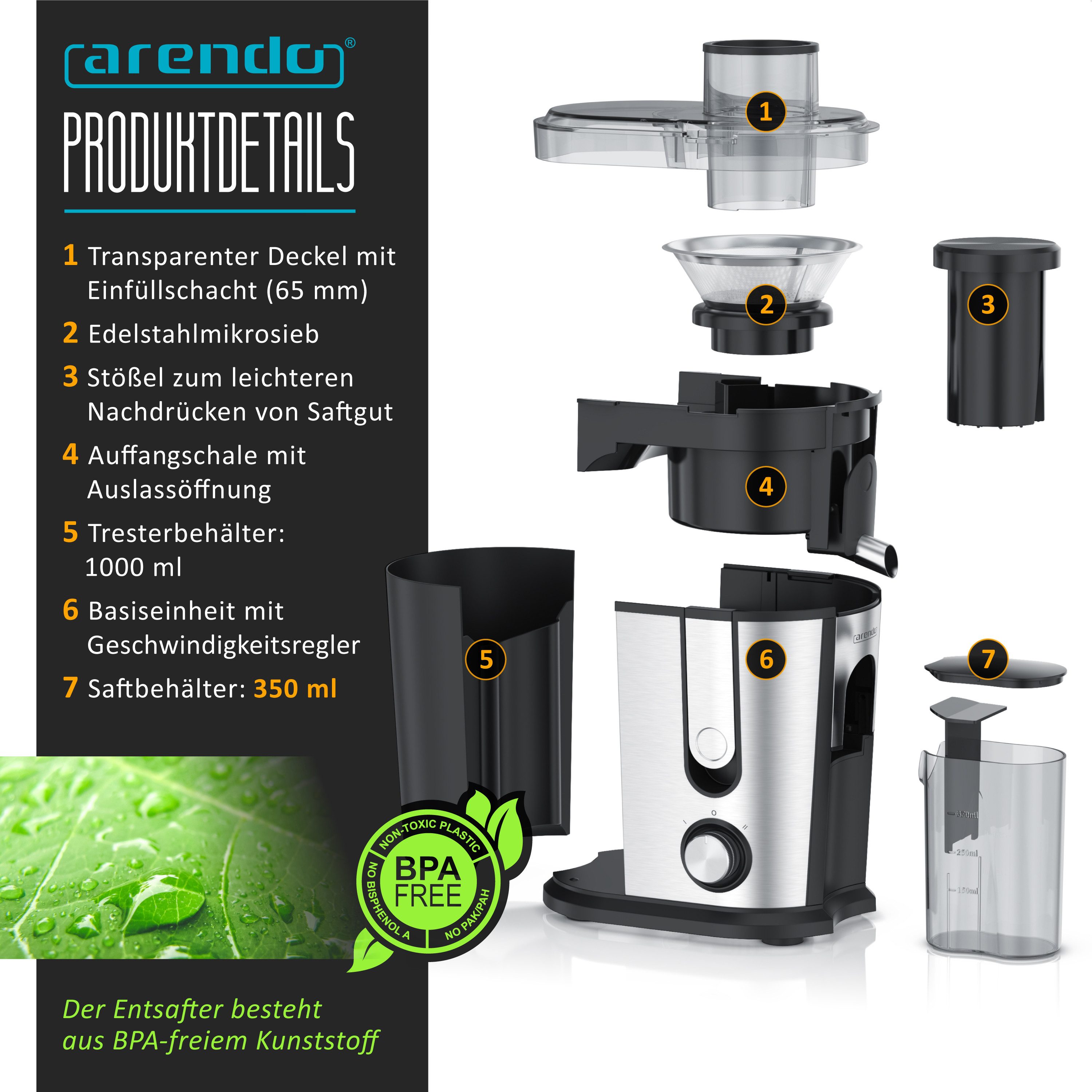 Arendo Zentrifugenentsafter Zentrifugaler Edelstahl Entsafter für Obst und Gemüse, elektrisch, 600 W, elektrisch, 2 Geschwindigkeitsstufen, Überhitzungsschutz, BPA-frei