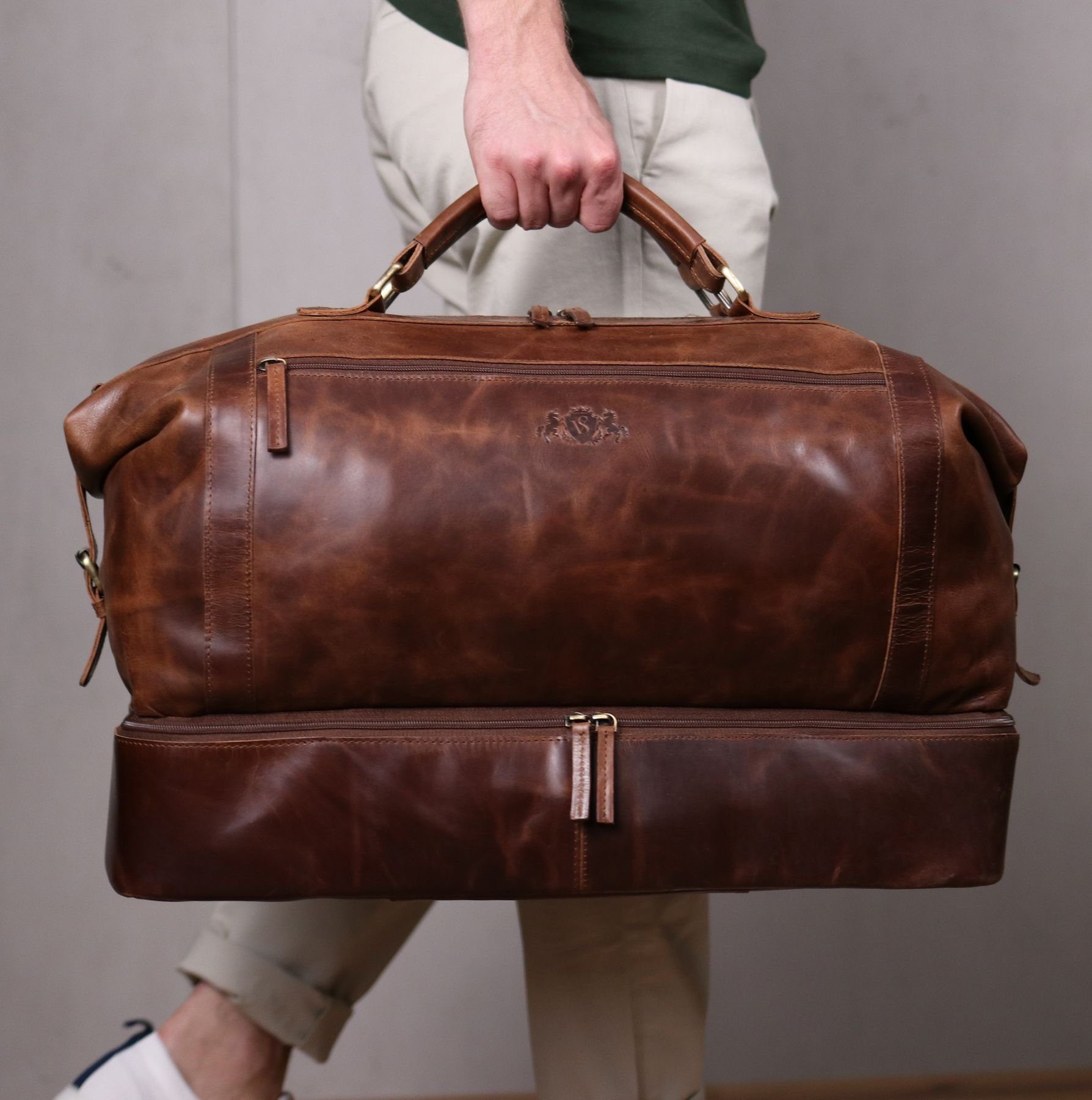 SID & VAIN Reisetasche echt Leder Weekender groß Ledertasche braun KINGSTON, Echtleder Reisegepäck für Damen & Herren, Sporttasche XL braun-cognac