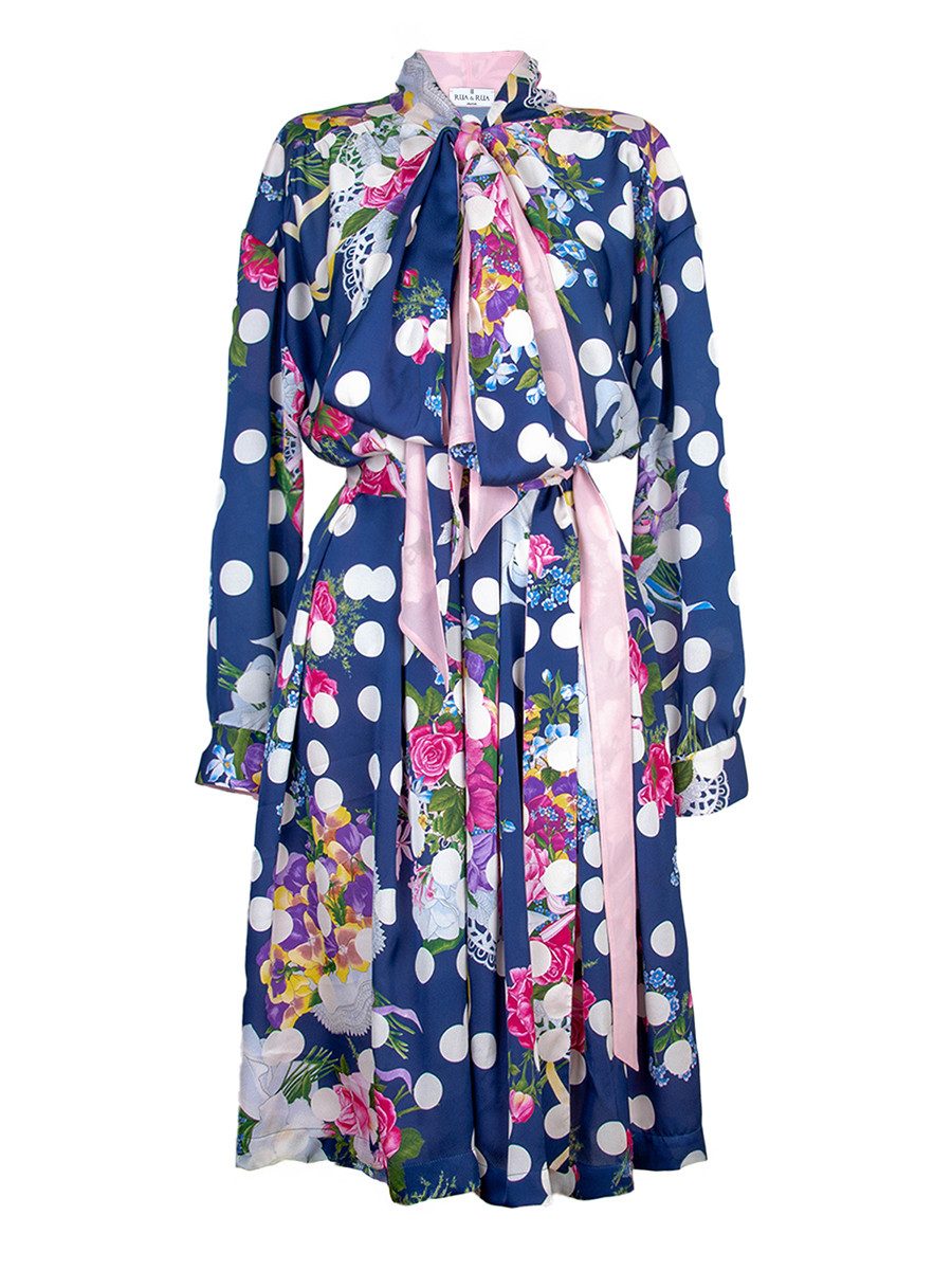 RUA & RUA Midikleid Plissiertes Crêpe-Kleid mit Kontrastdetails mit Allover Print