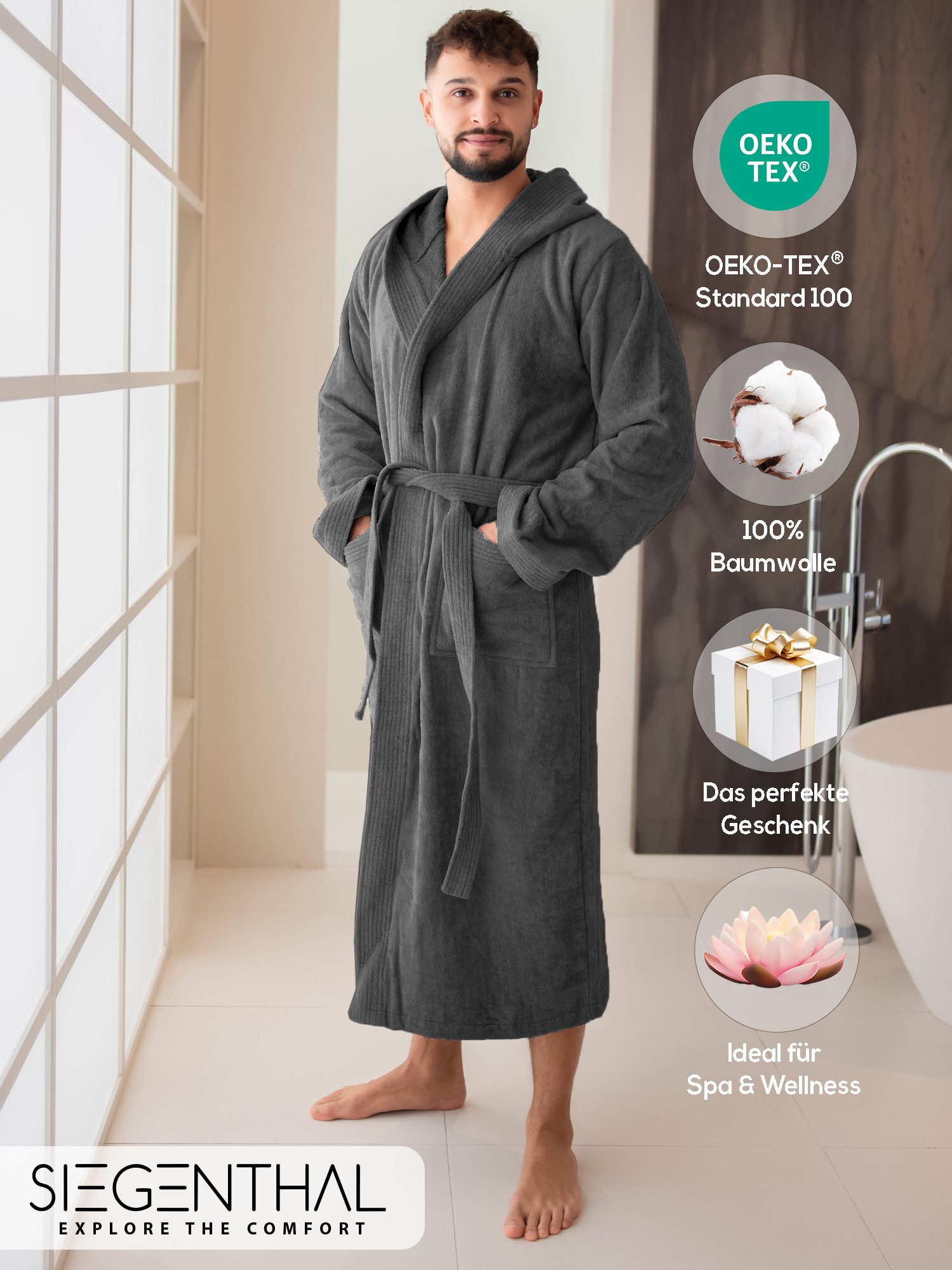 SIEGENTHAL Herrenbademantel 100% Baumwolle Frottee Velours mit Kapuze Wadenlang Wellness und Spa, Kapuze, Bindegürtel, Wadenlang, 2x Taschen, 100% Baumwolle, weich und elegant