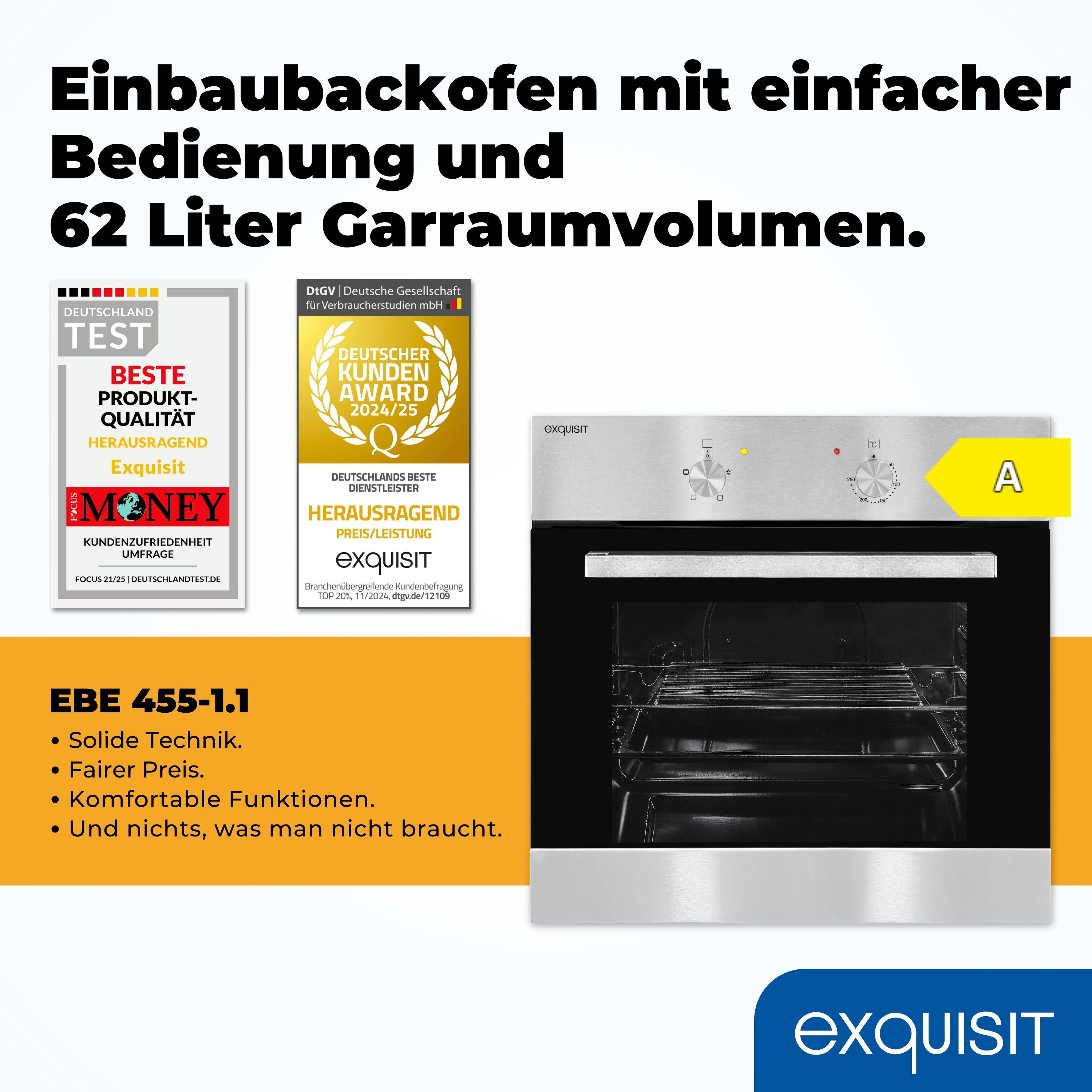 exquisit Einbaubackofen EBE 455-1.1, Ober- und Unterhitze, Innenbeleuchtung, Grillrost & Backblech