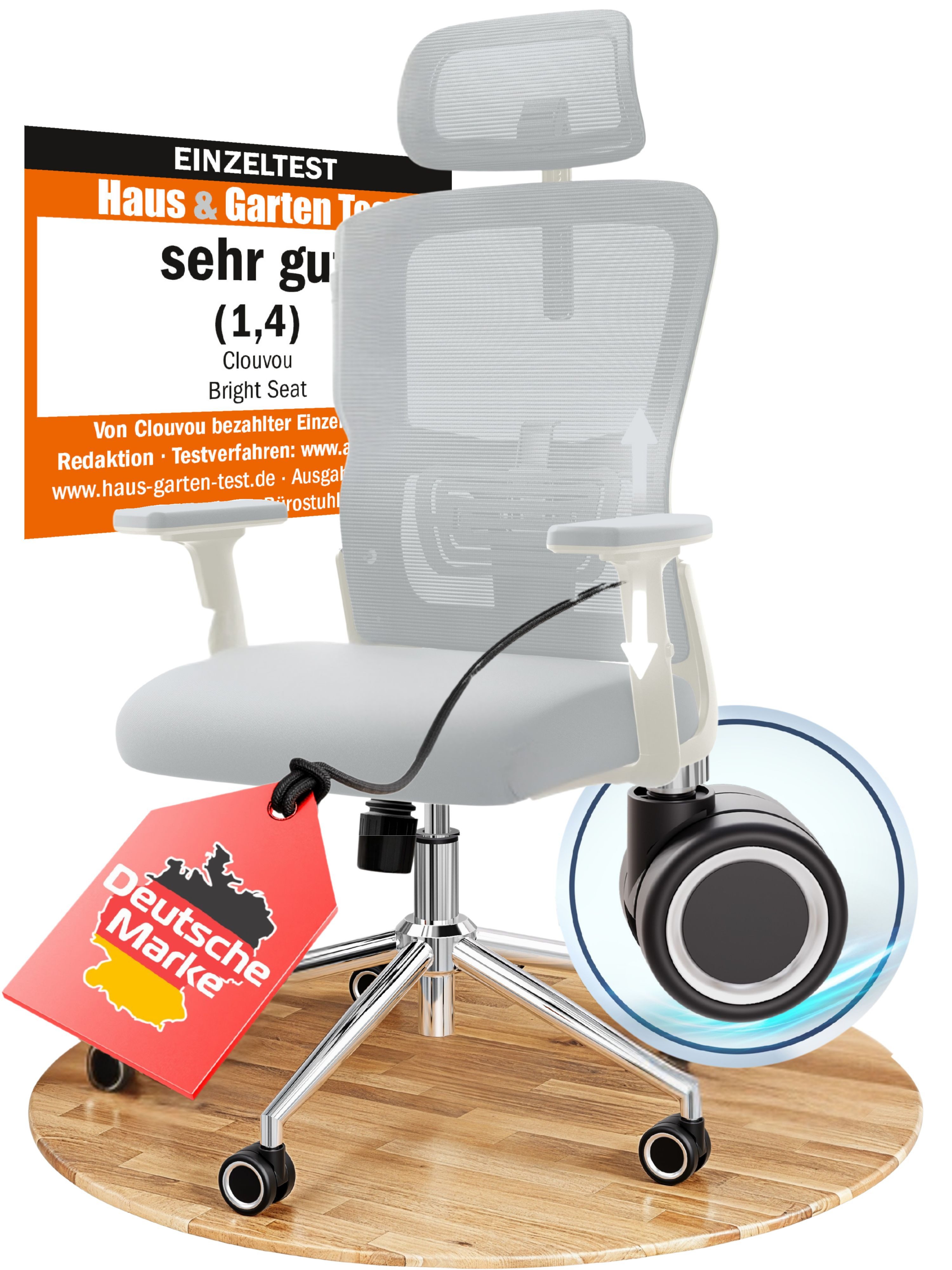 CLOUVOU Bürostuhl Ergonomisch, Schreibtischstuhl bis 150 kg - Testsieger (BrightSeat - Chefsessel für Arbeitszimmer, 2D Armlehne), Blade Wheels, Homeoffice, Gaming Stuhl, Drehstuhl