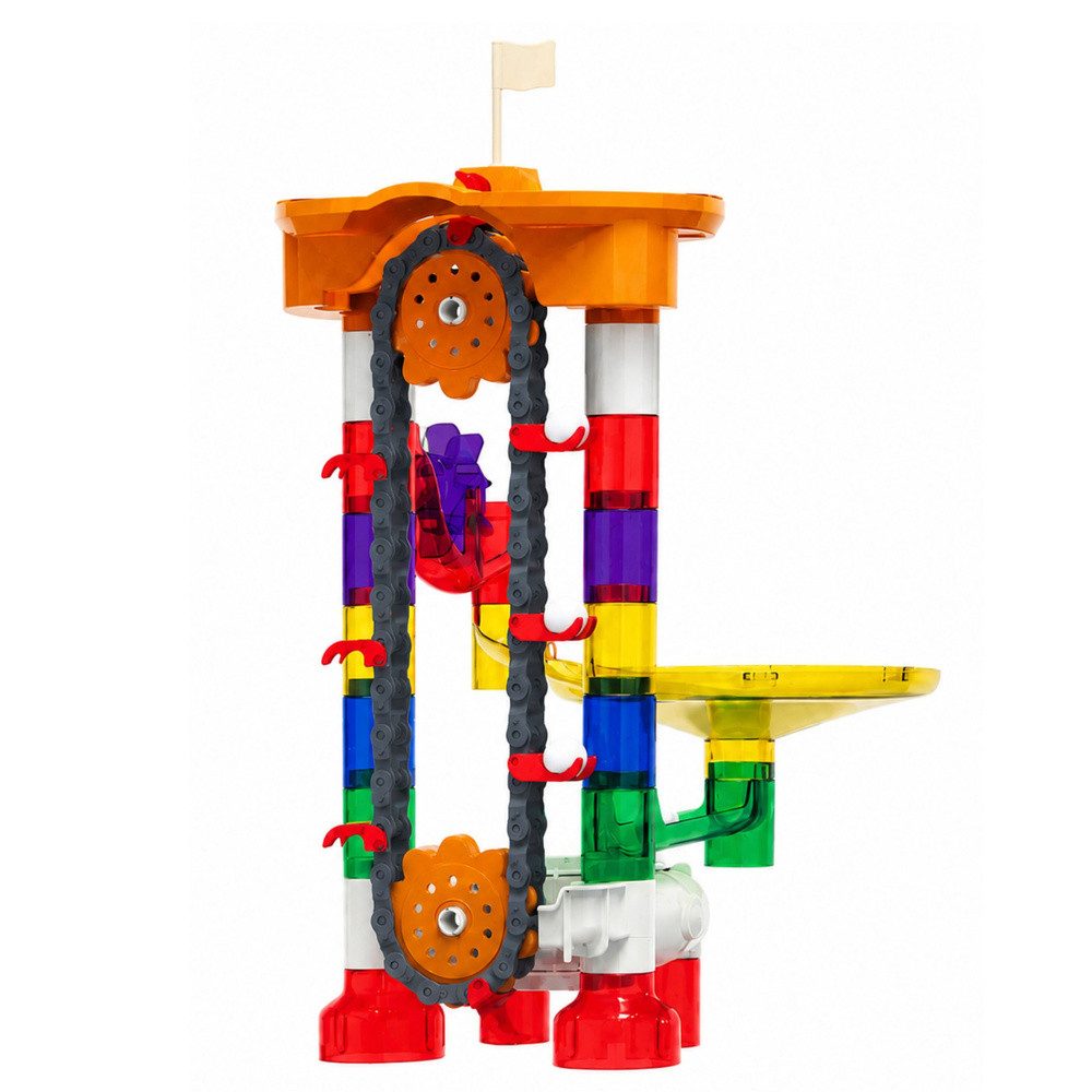 LEAN TOYS Kugelbahn Murmelbahn Weltraumbahn Bauset, (Spar-Set, 85-tlg), automatischer Kugelaufzug, Tunnel, Rutschen