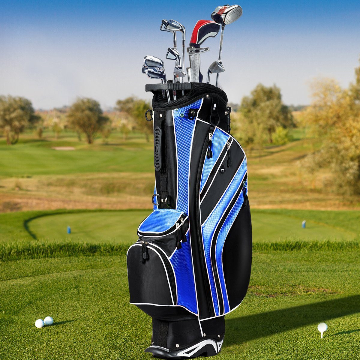 Regenschirmhalter Golftrolley Golfbag, blau+schwarz mit COSTWAY Ständer, +