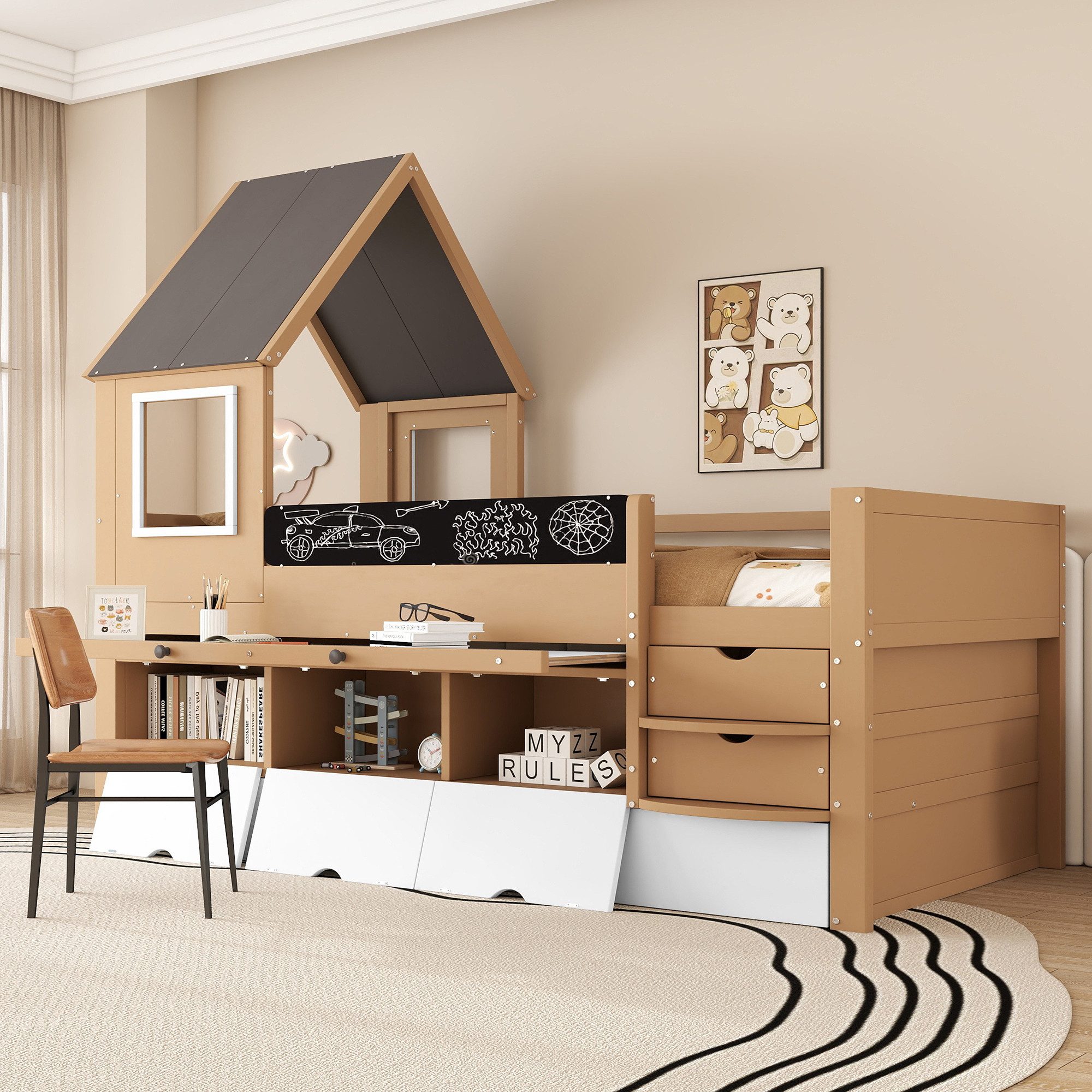 Kinderbett Baumhausbett mit Schubladen, Ausziehbett und Ausziehtisch