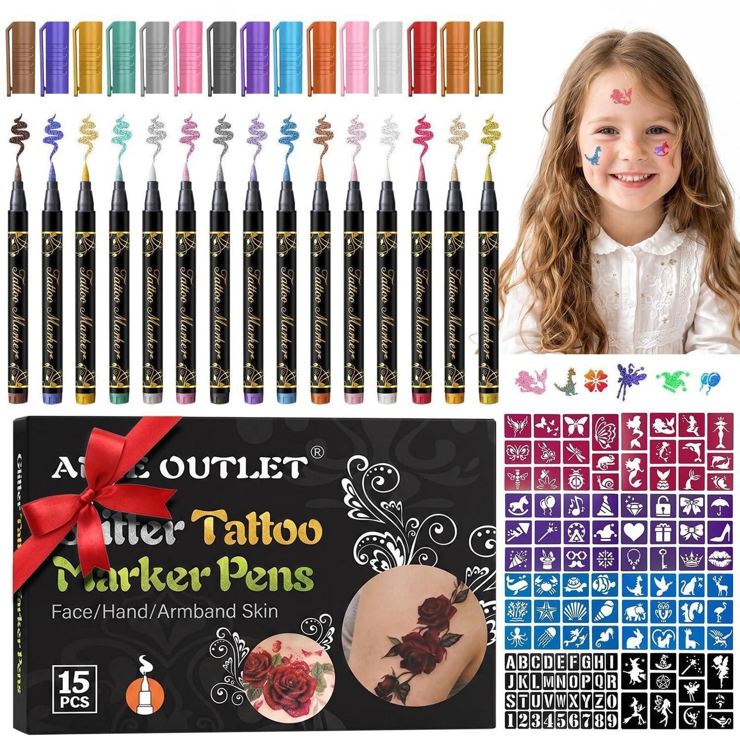 LuxusKollektion Kindertattoo Glitzer Tattoo Stifte Set mit Schablonen