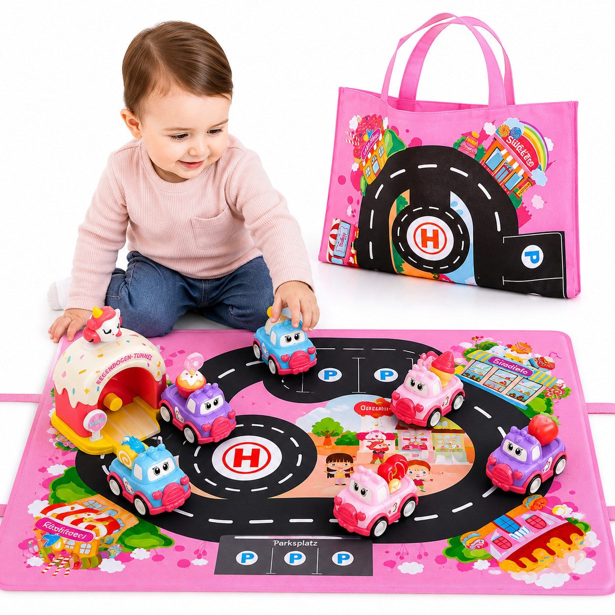 Wootoy Spielzeug-Auto Einhorn Spielset mit 6 Rückziehautos Auto-Spielzeug Lernspielzeug, (mit Einhorn-Katapult und Spielmatte mit detailreicher Stadtlandschaft, 6-tlg., Praktische Aufbewahrung: Spielmatte mit Tragegriff), für kreatives Rollenspiel und gemeinsame Spielmomente