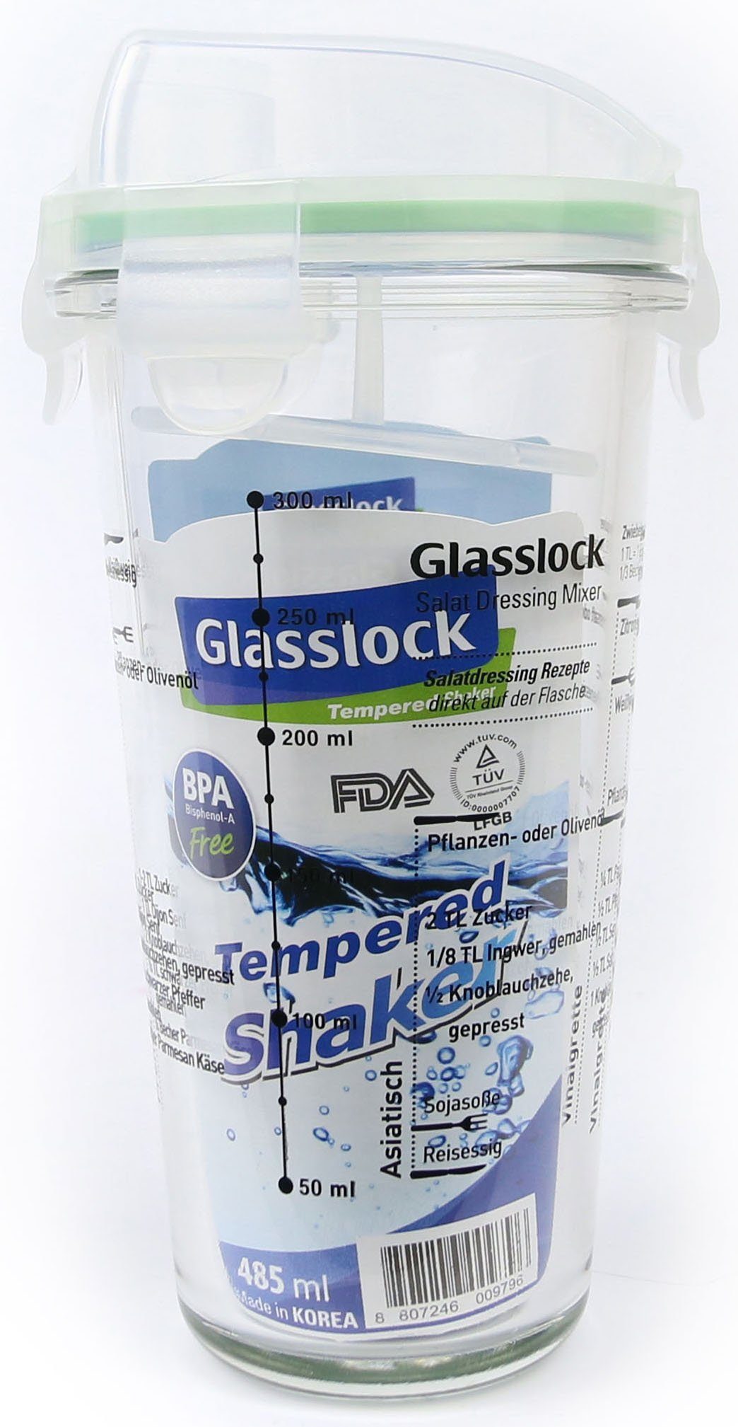 Glasslock Dressing Shaker, 450 ml Glas, Shaker), (Cocktail